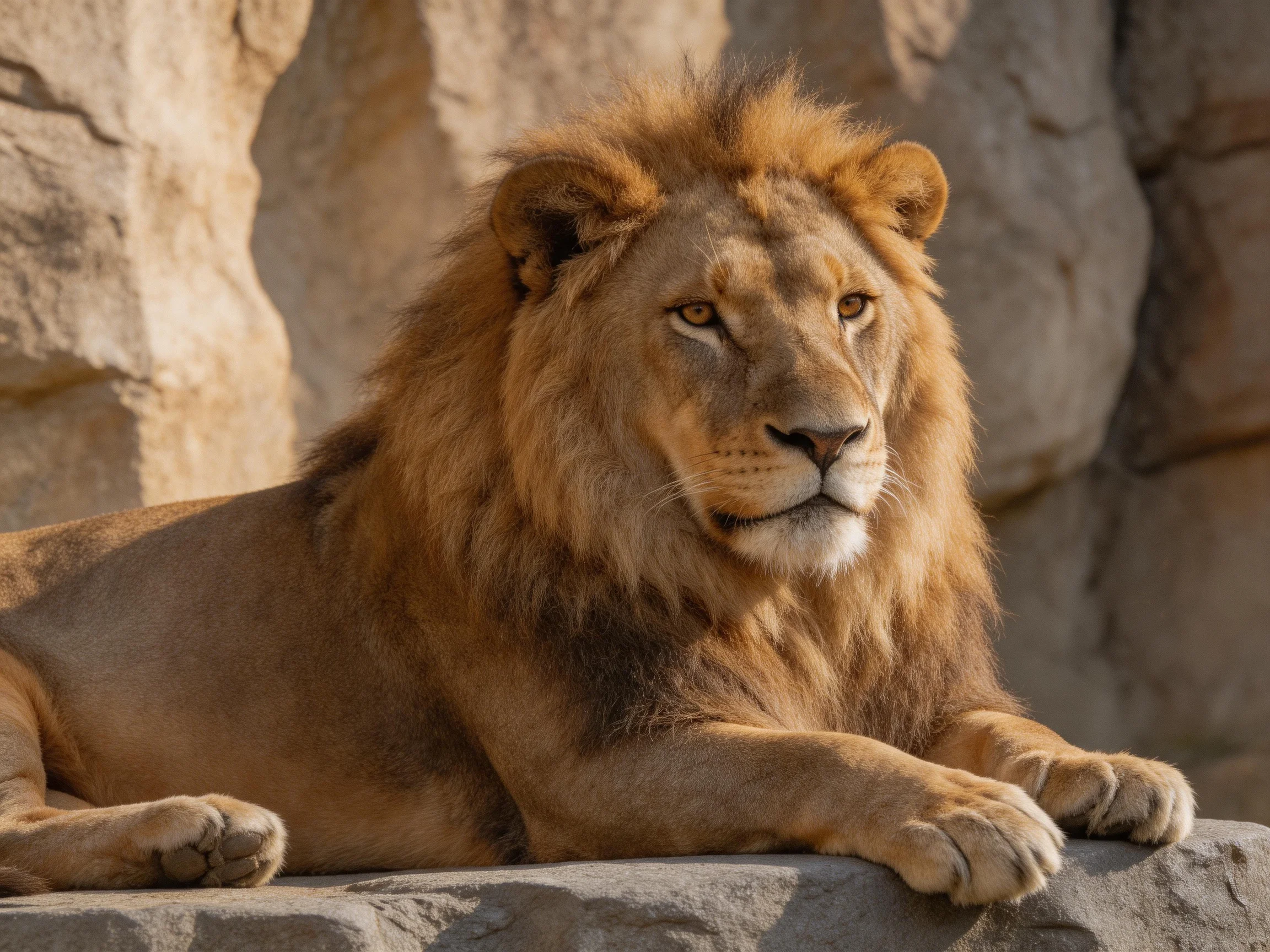 A majestic lion rests calmly on rocky terrain.