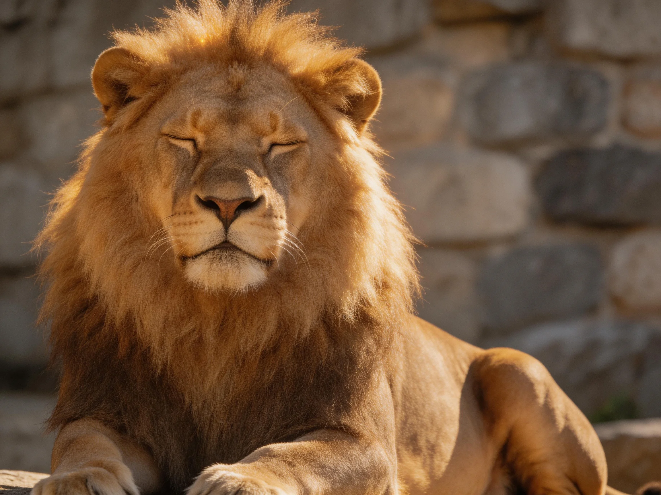 A lion with golden mane rests peacefully beside a stone wall.