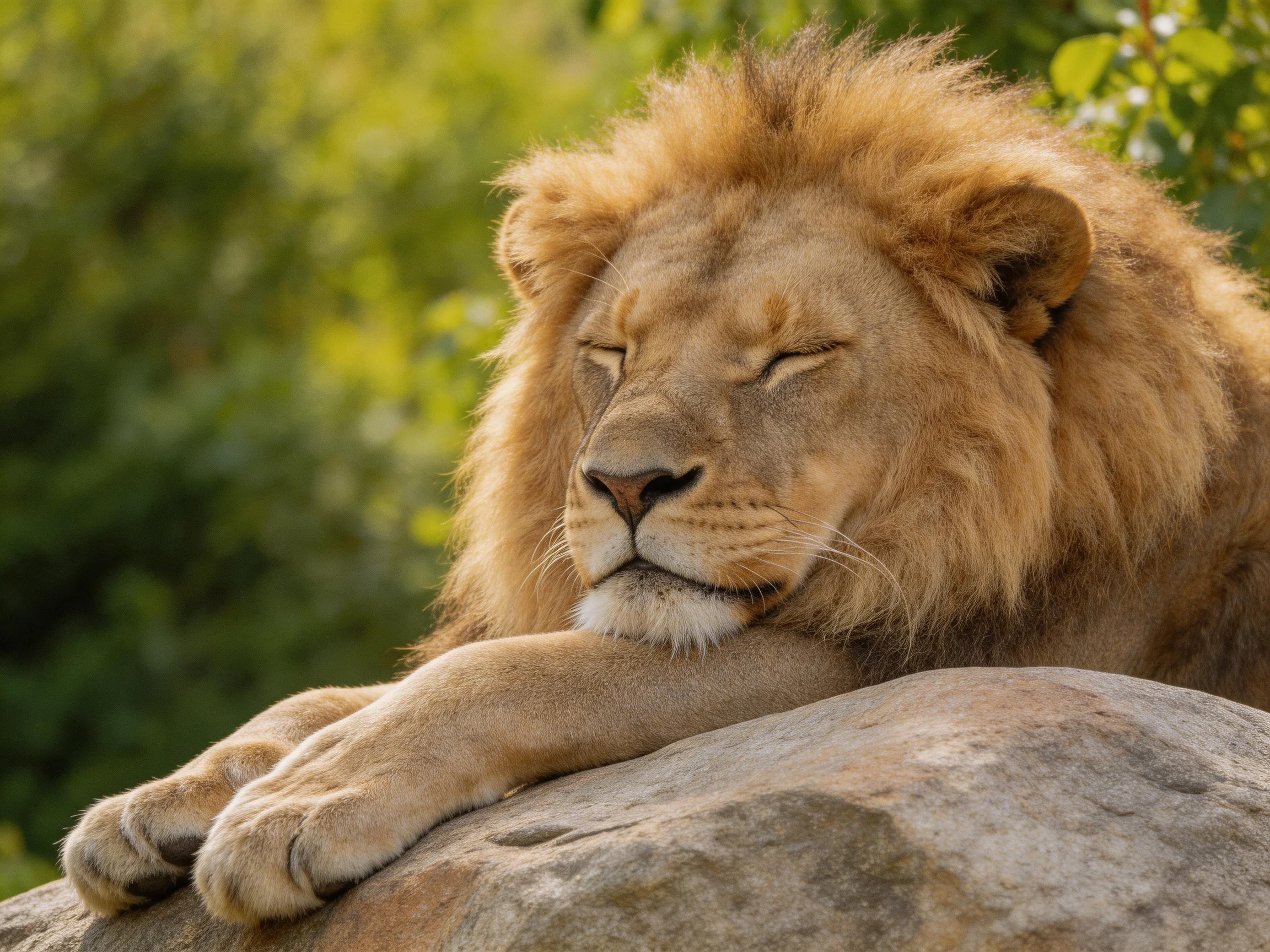 A lion sleeps on a rock surrounded by greenery