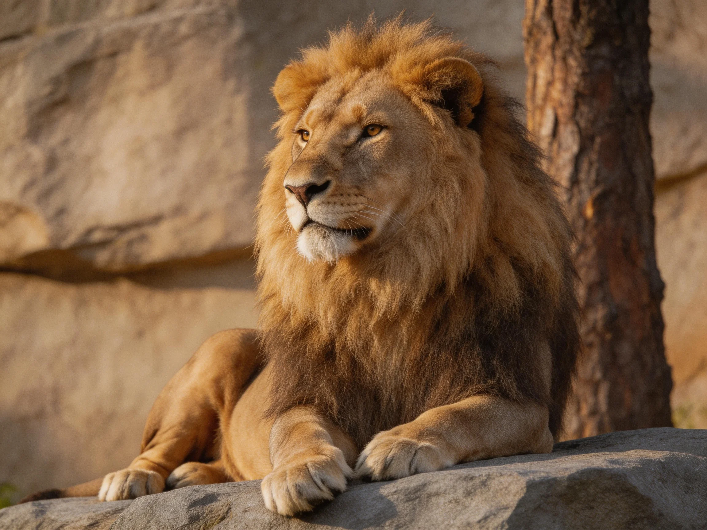 A lion with a golden mane relaxes on a rock near a tree in bright light.