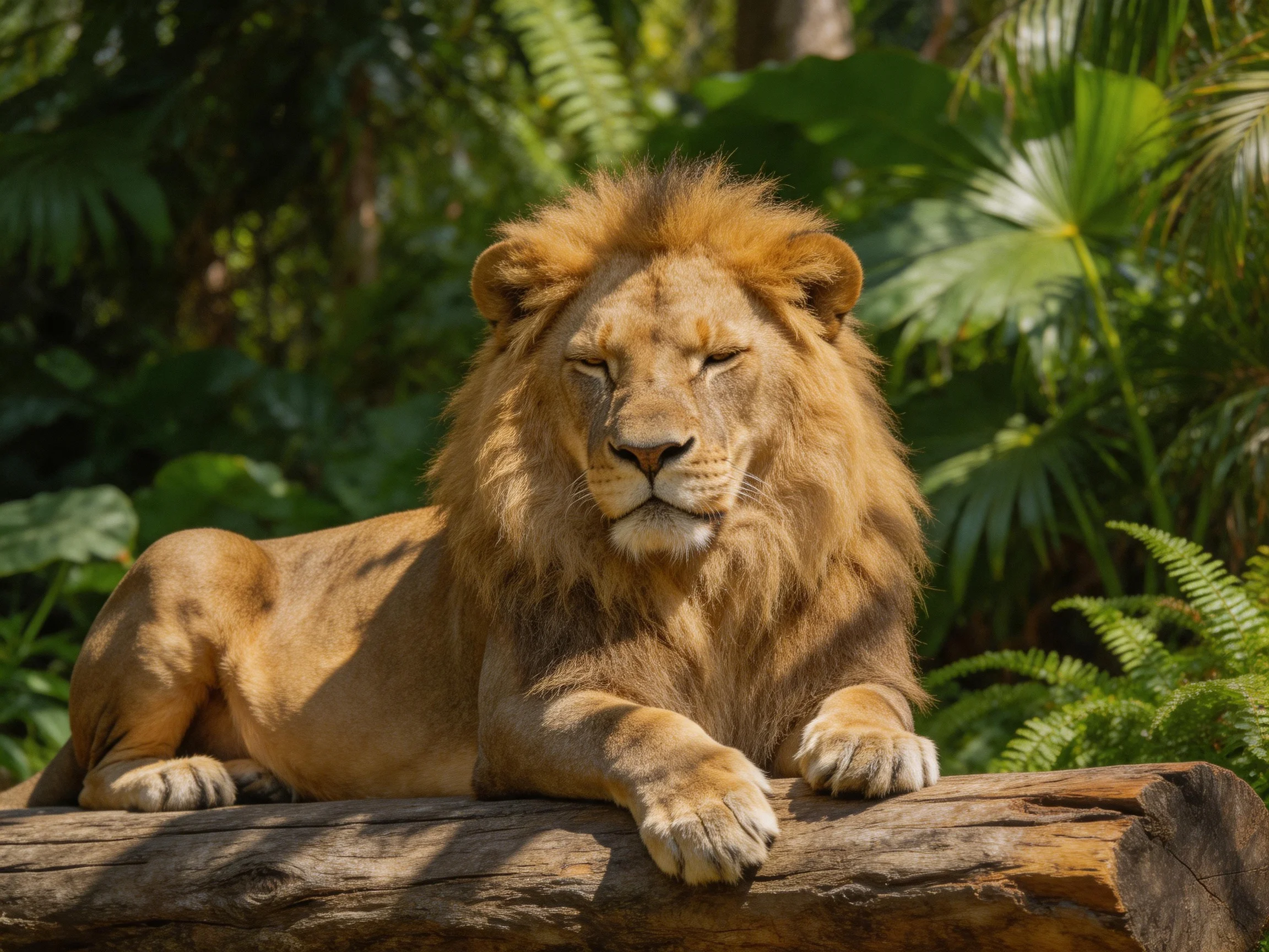 A lion with closed eyes lies on a log surrounded by dense green plants.