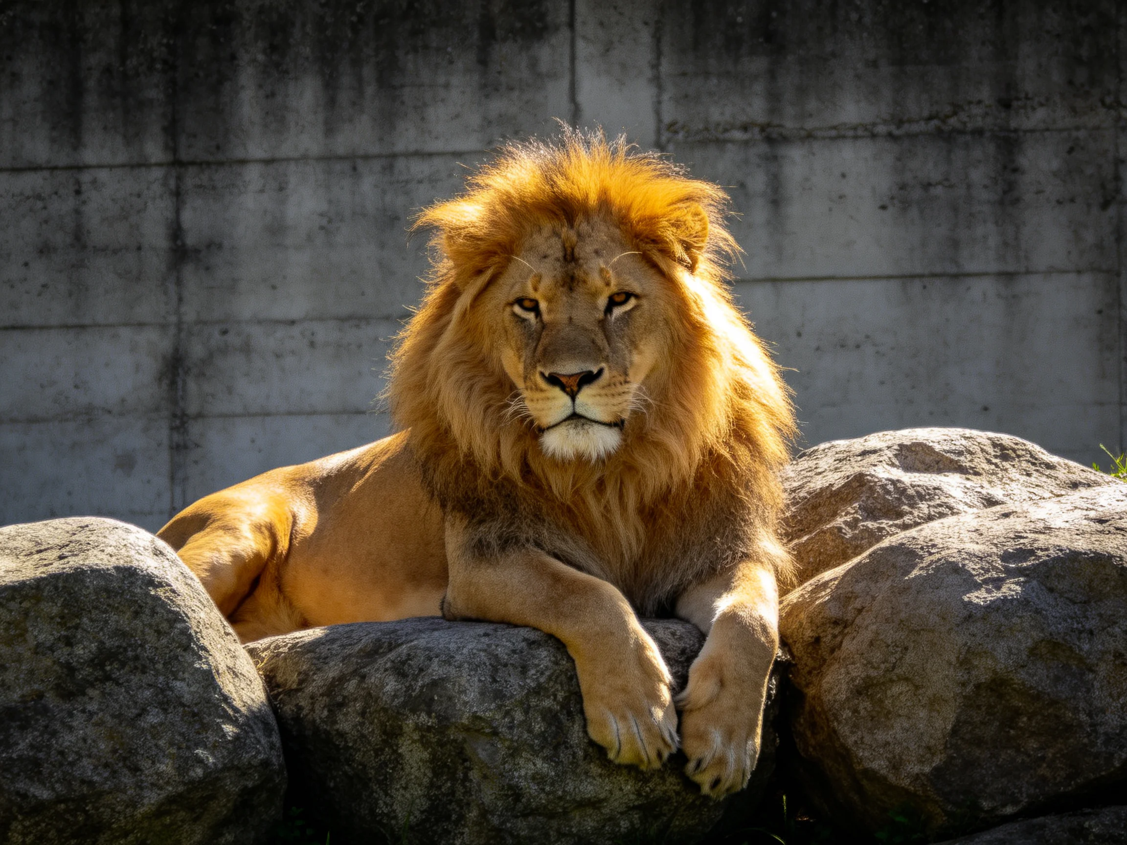 A majestic lion lies on large gray rocks next to a concrete wall.