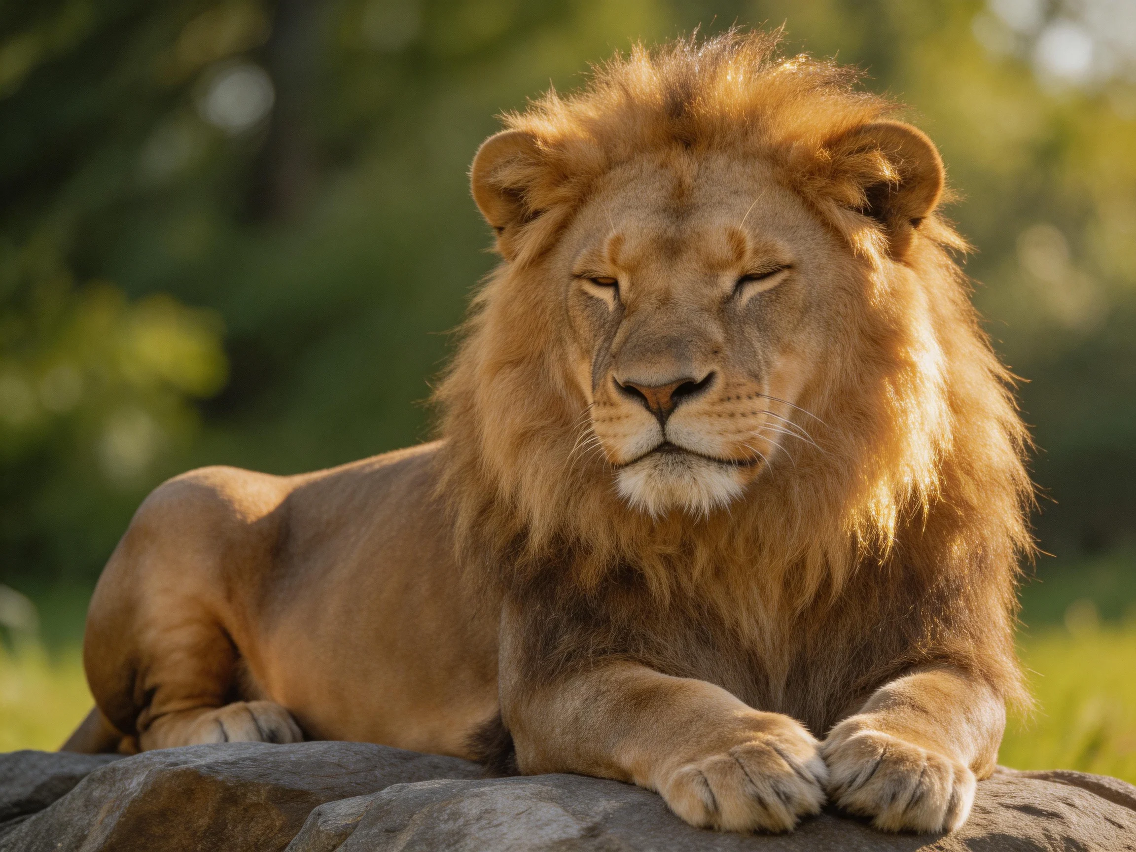 A lion with closed eyes relaxes atop rocks in a sunlit outdoor area.
