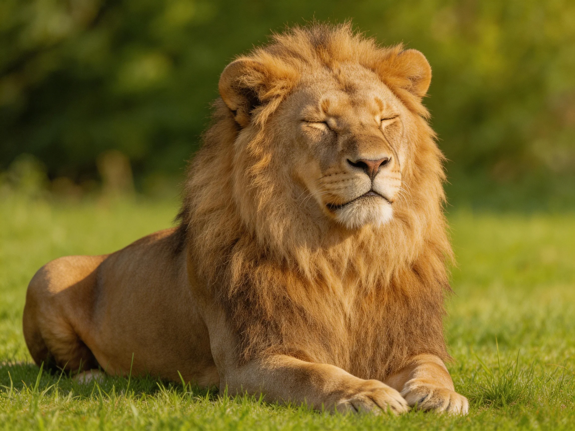 A lion with closed eyes relaxes on green grass in a sunlit environment.