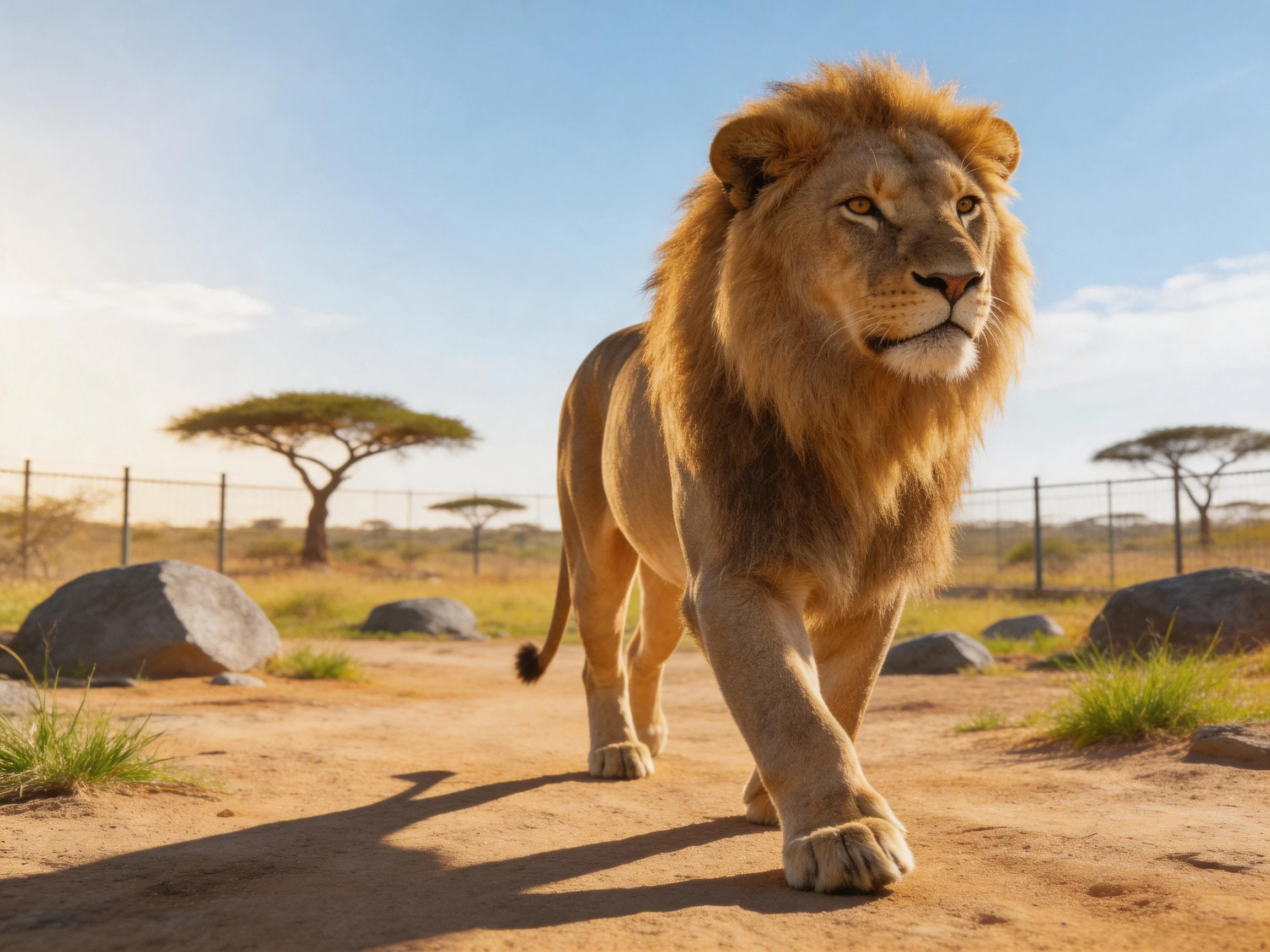A majestic lion roams a sunlit savannah enclosure with rocks and trees.