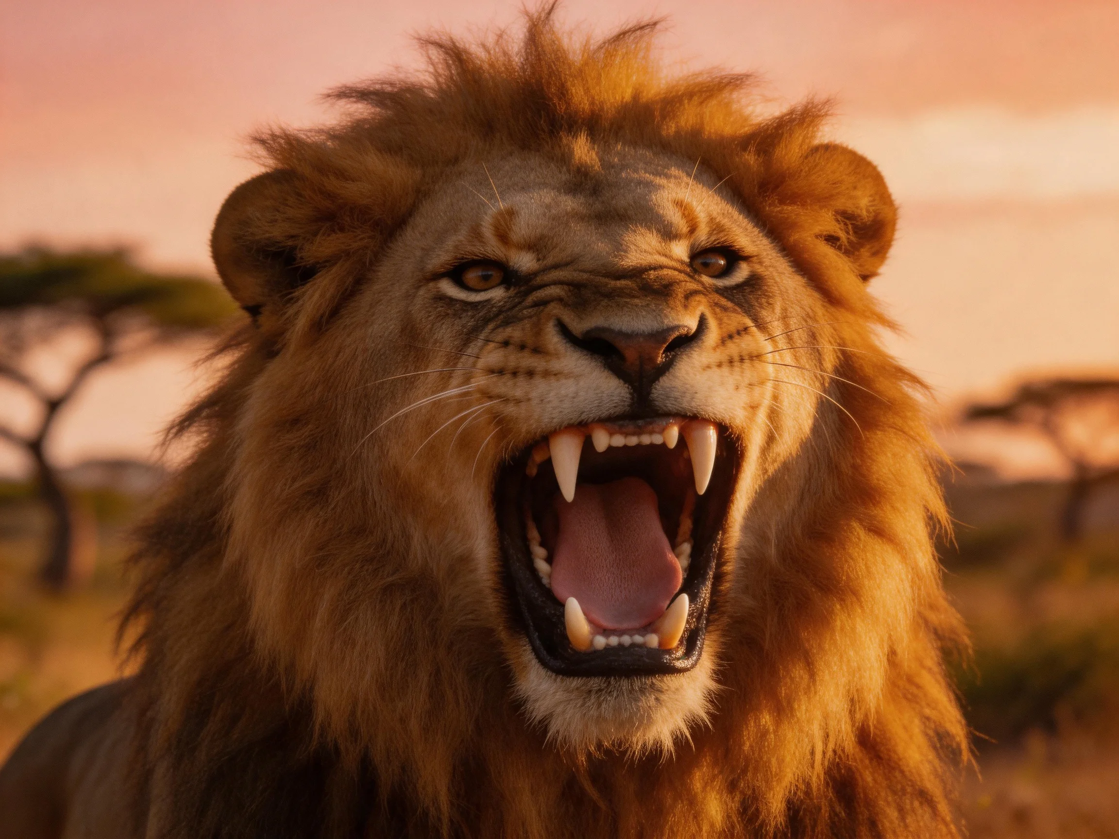 A lion roars with mouth open in a savannah landscape at sunset.
