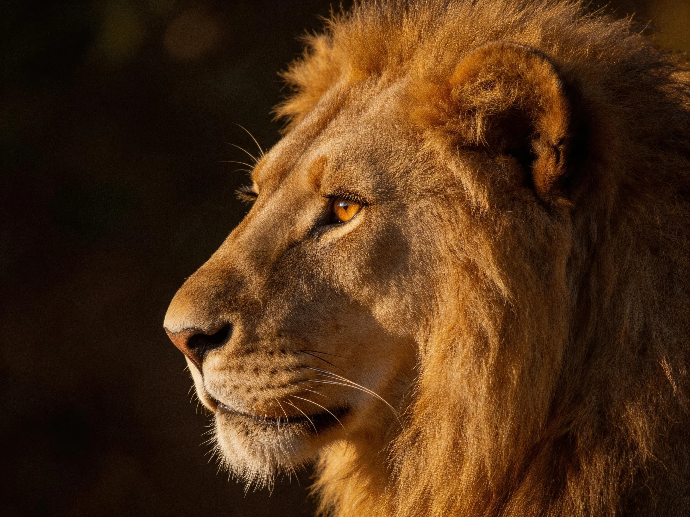 A lions profile highlights its golden mane and intense gaze.