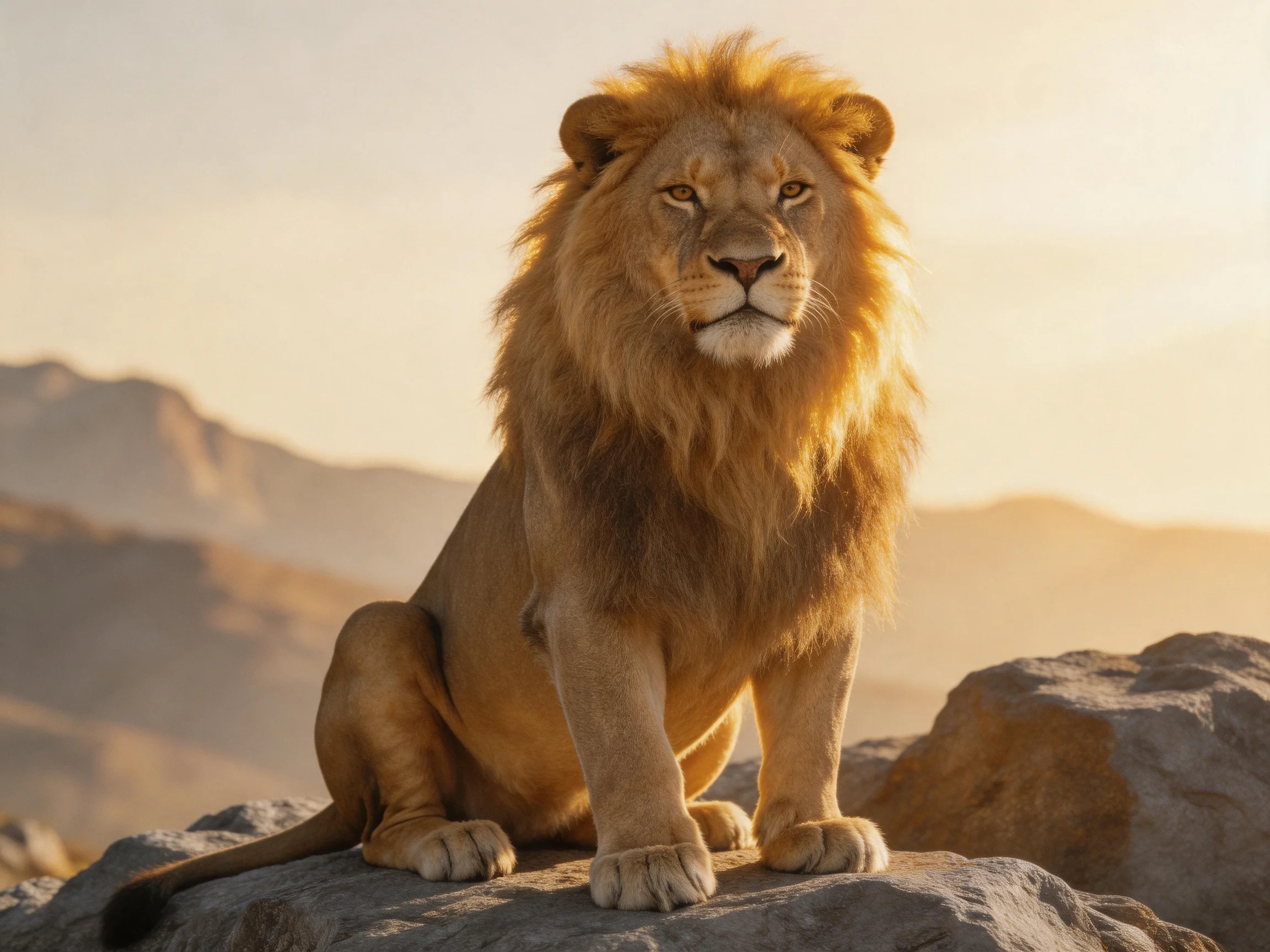 A majestic lion sits on rocks with mountains in the distance