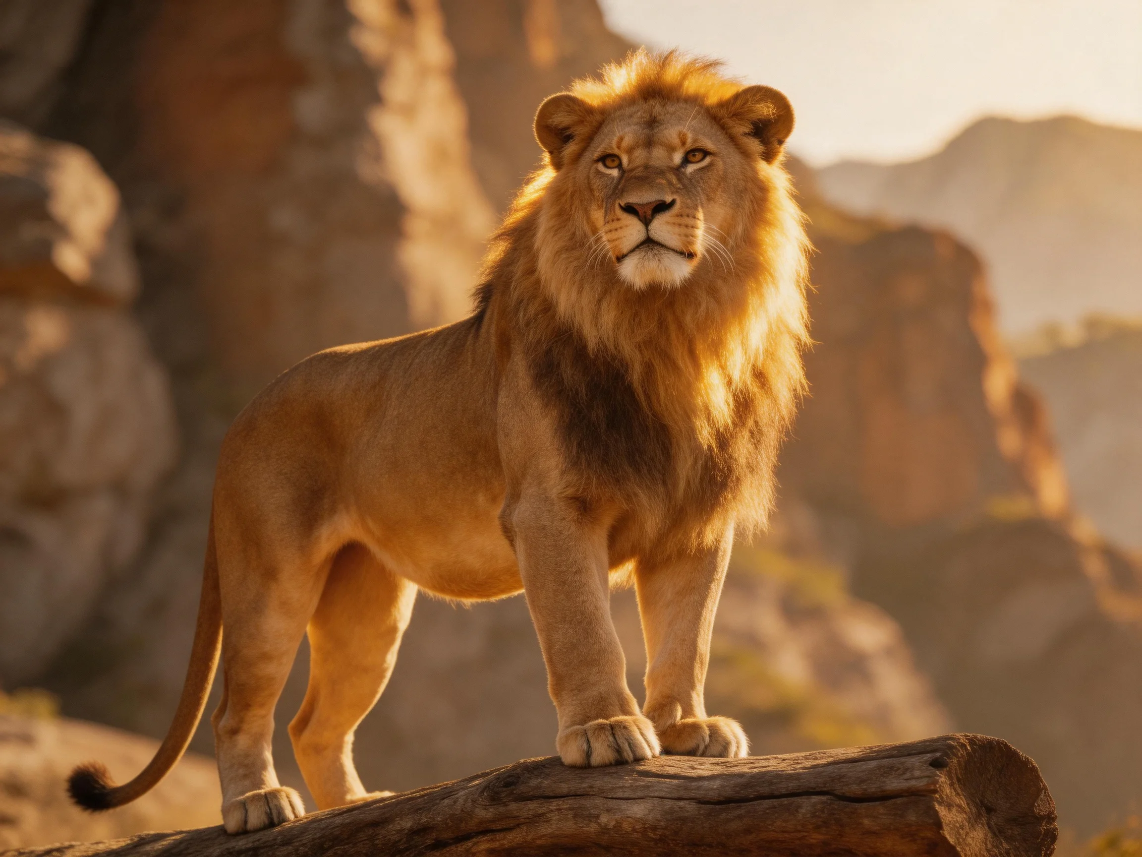 A lion stands regally on a log amid rocky terrain under warm light.