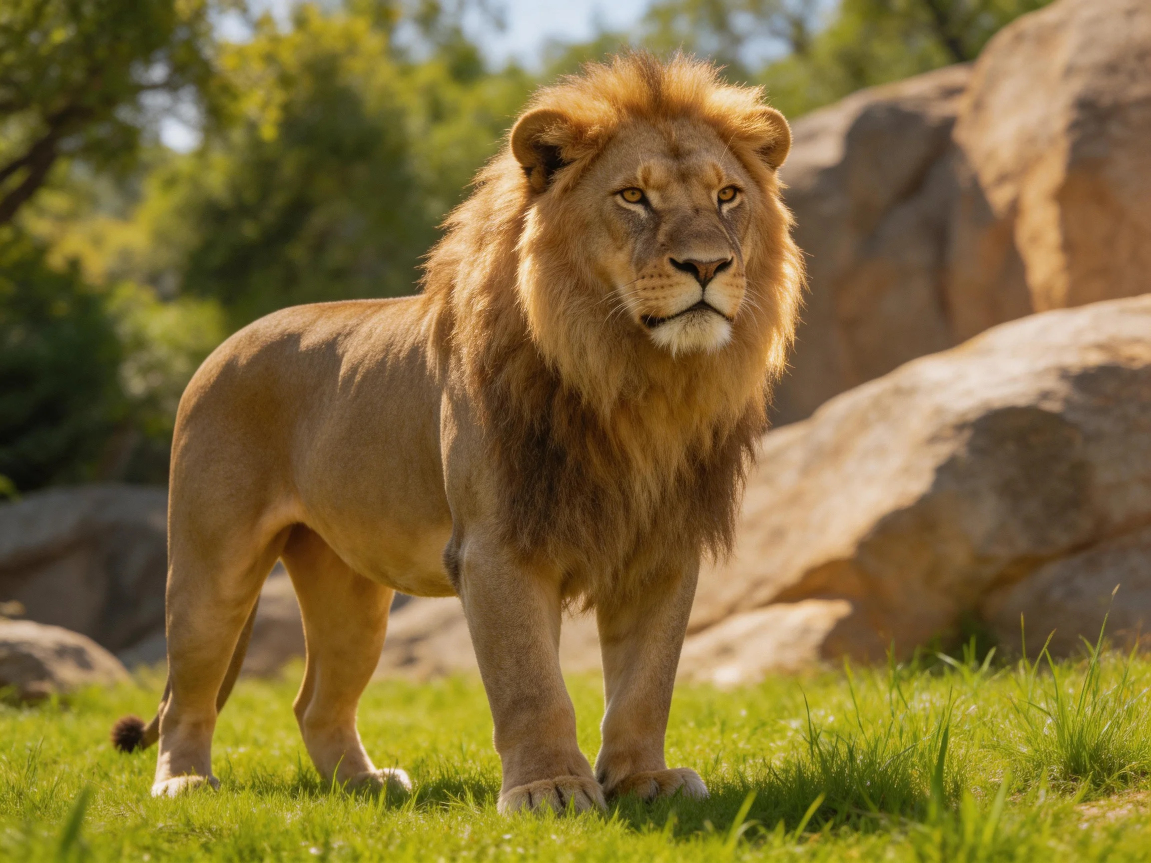 A majestic lion stands on green grass near rocks in a sunny outdoor setting.