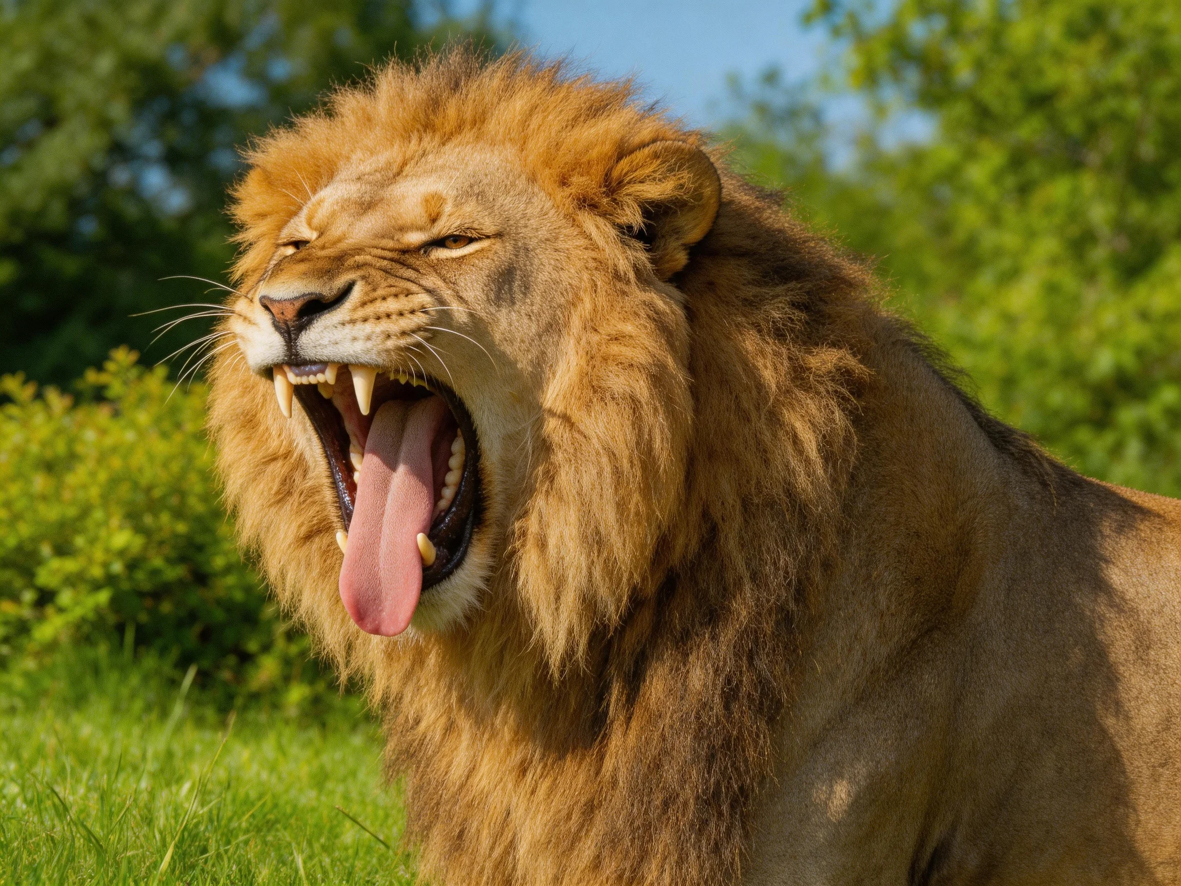 A majestic lion with golden mane yawning in lush green landscape