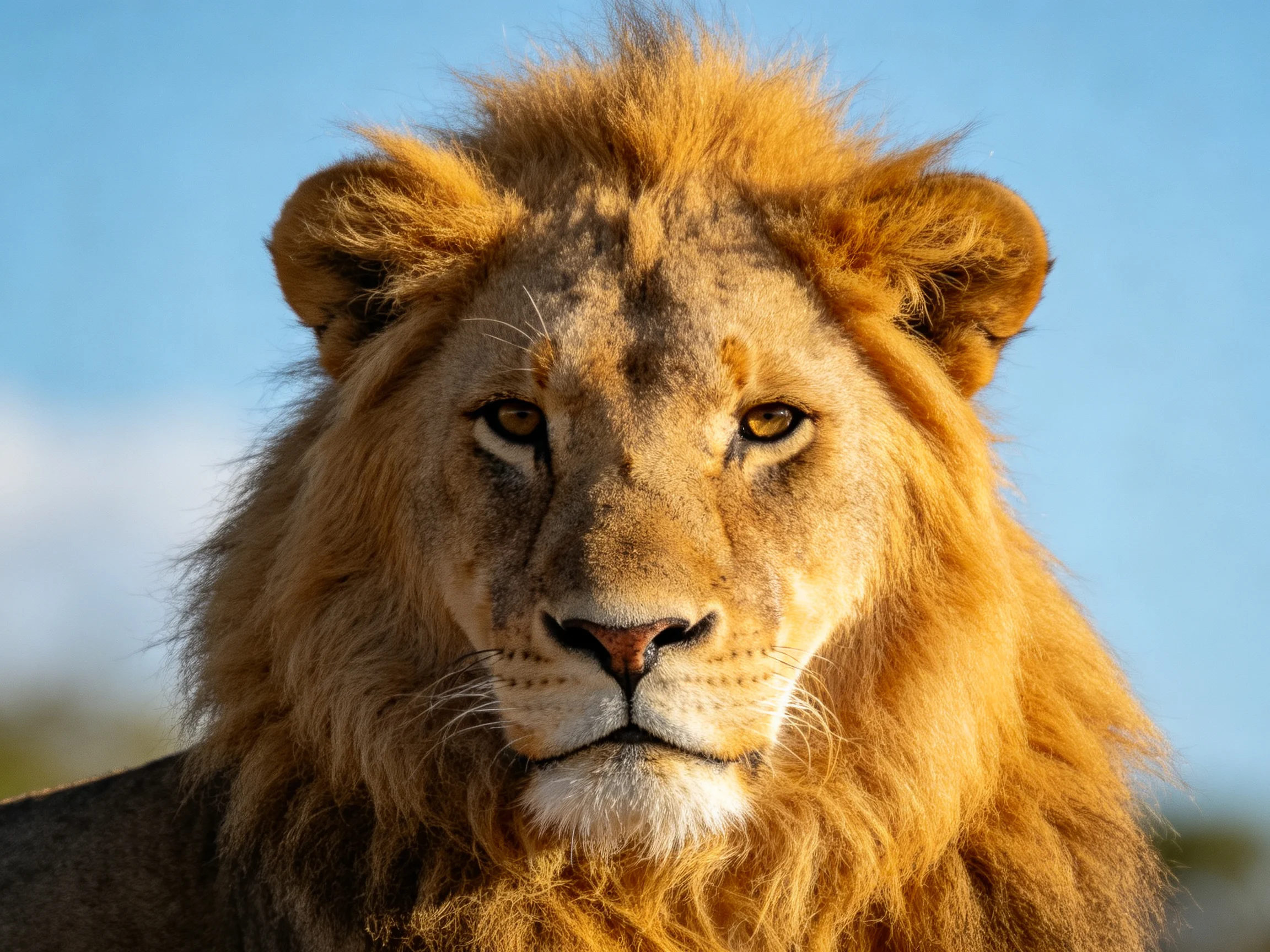 A close - up view of a lion showcasing its golden mane outdoors.