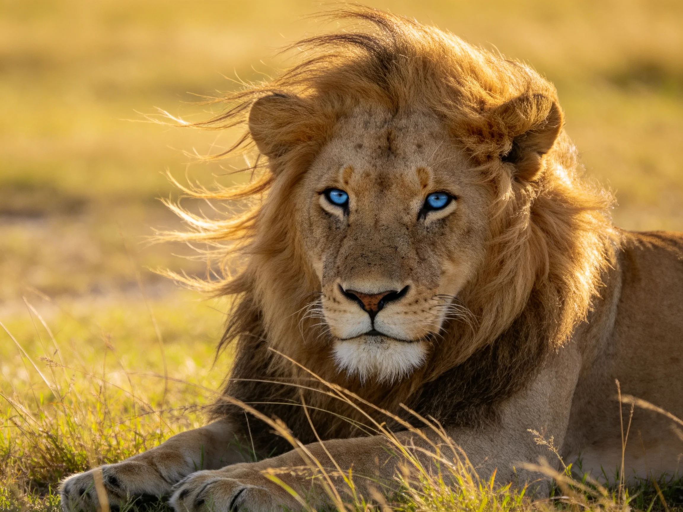 A majestic lion with blue eyes relaxes in a sunlit savannah landscape.