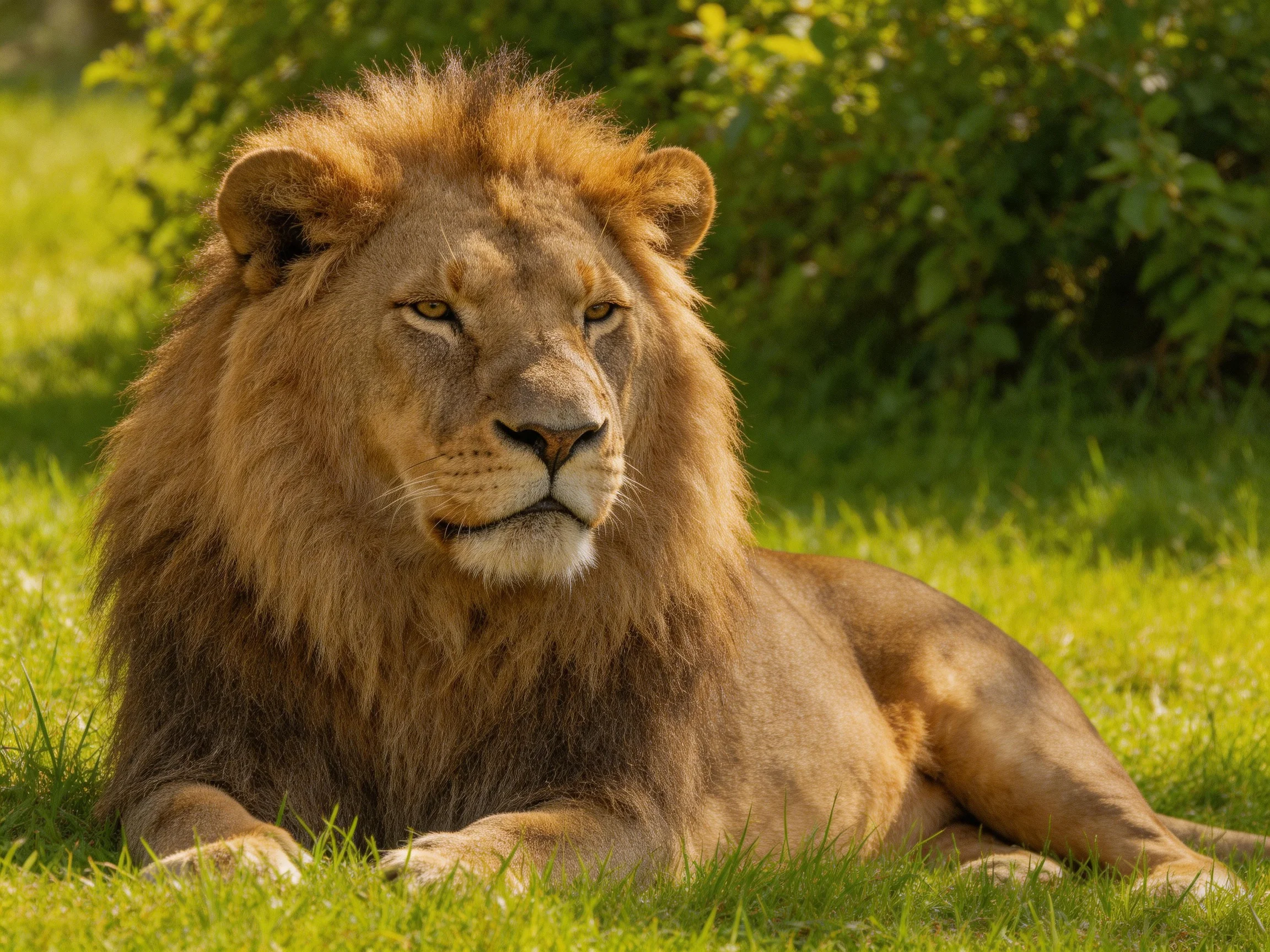 A lion with a thick mane relaxes on green grass in bright daylight.