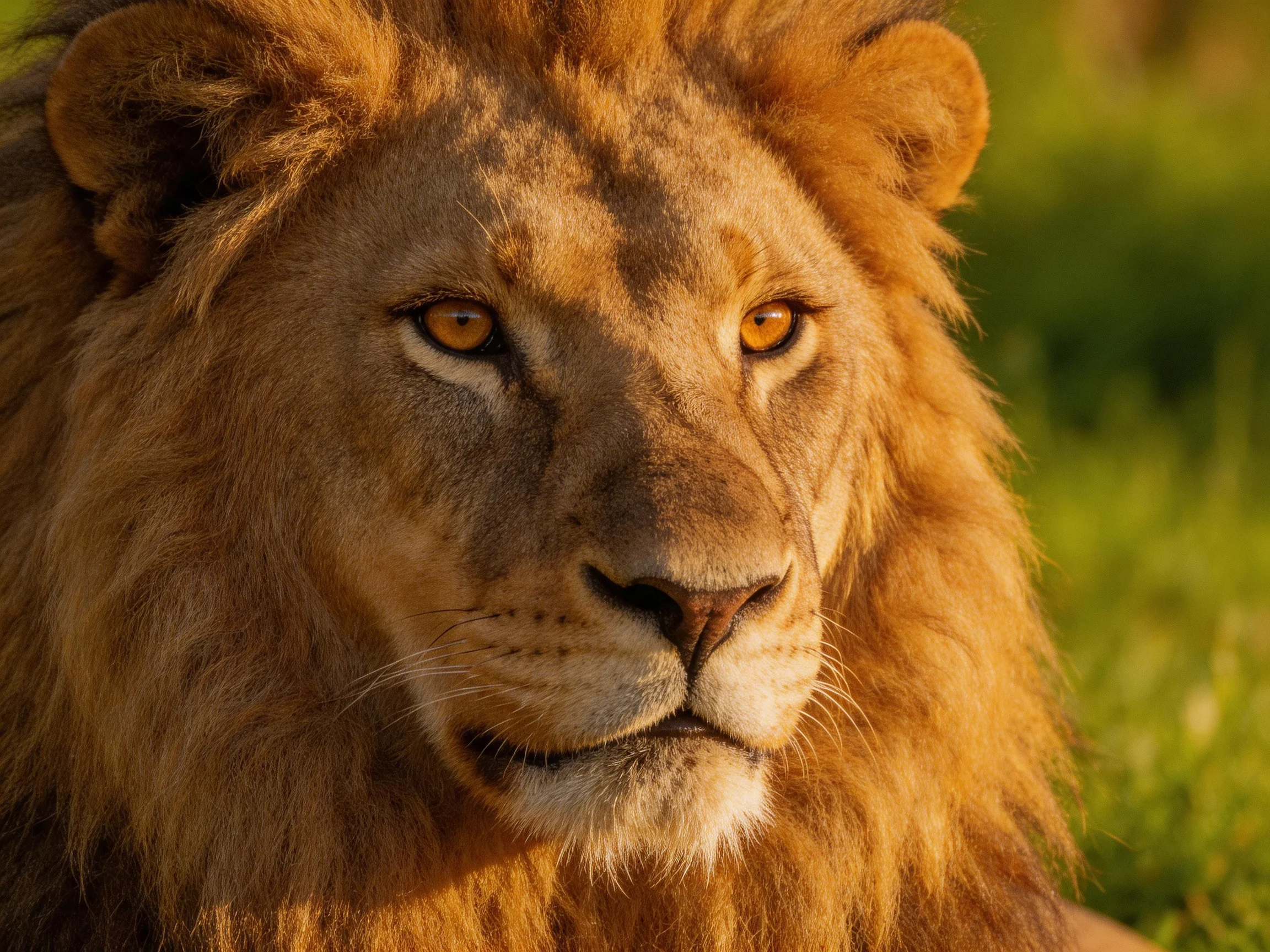A close - up of a lion with golden fur in a natural green environment.