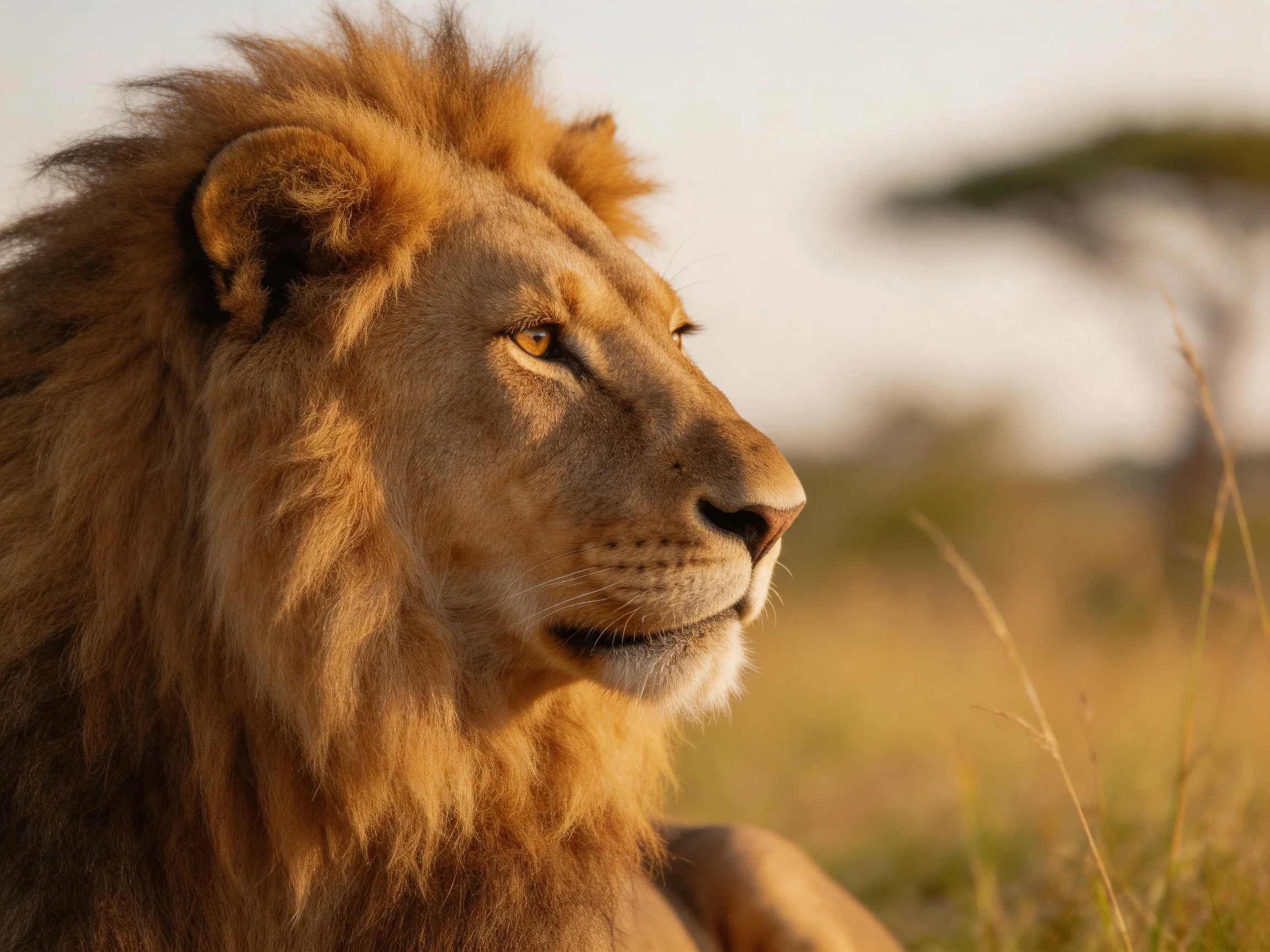 A majestic lion rests in savannah grassland under warm sunlight.