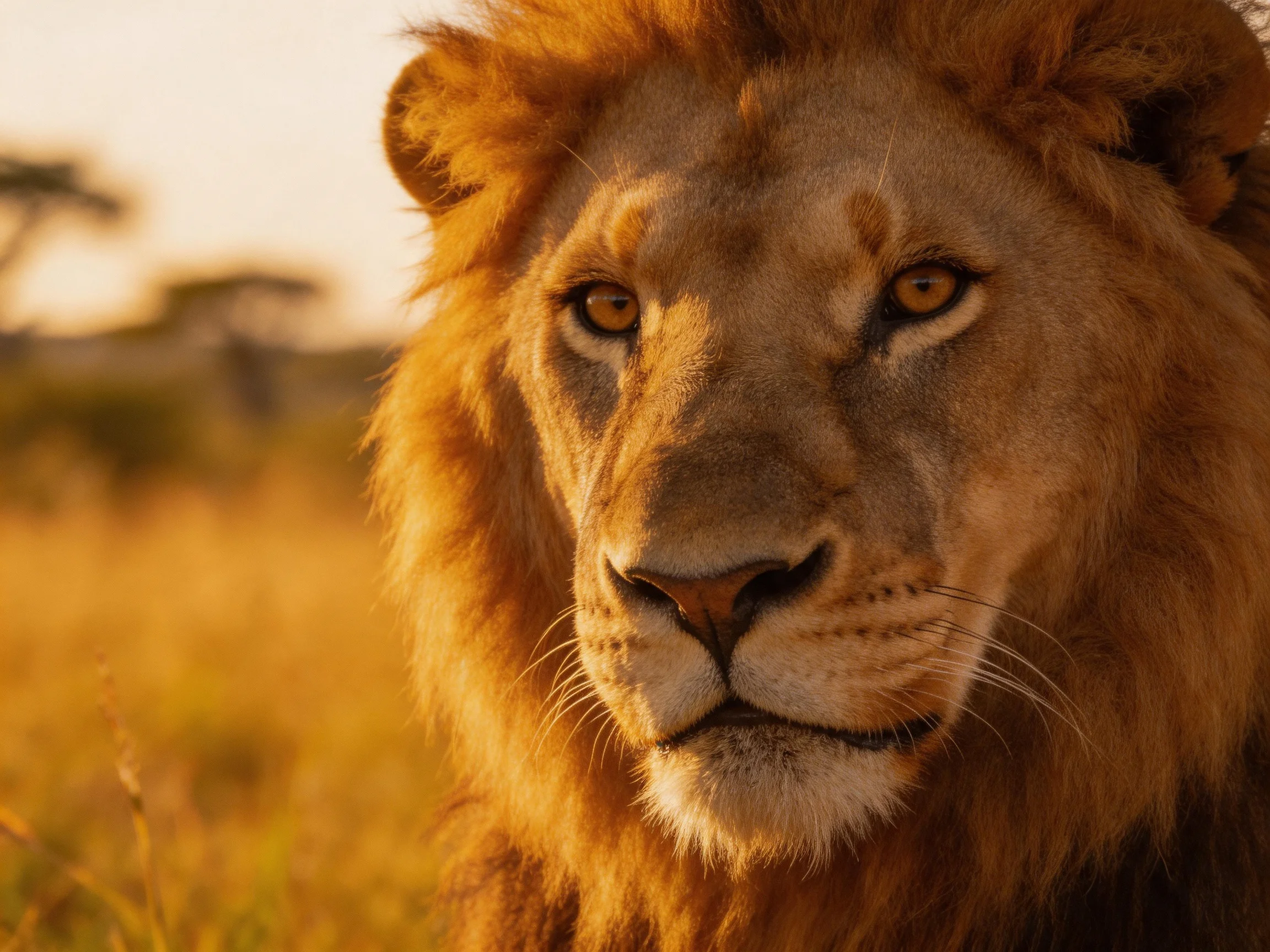 A lion with thick golden mane gazes in sunlit savannah