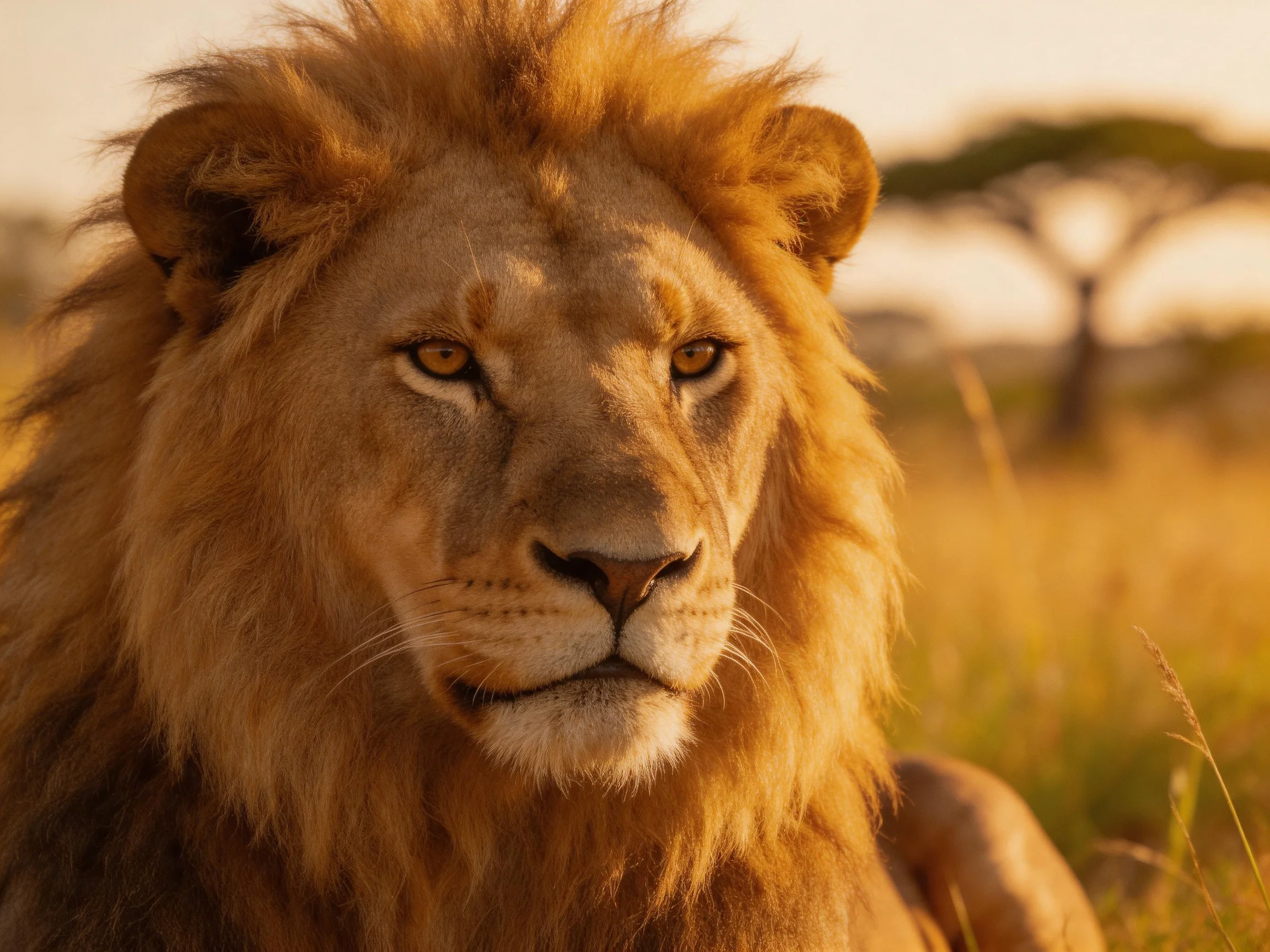 Close-up of a lion with golden mane in sunlit savannah