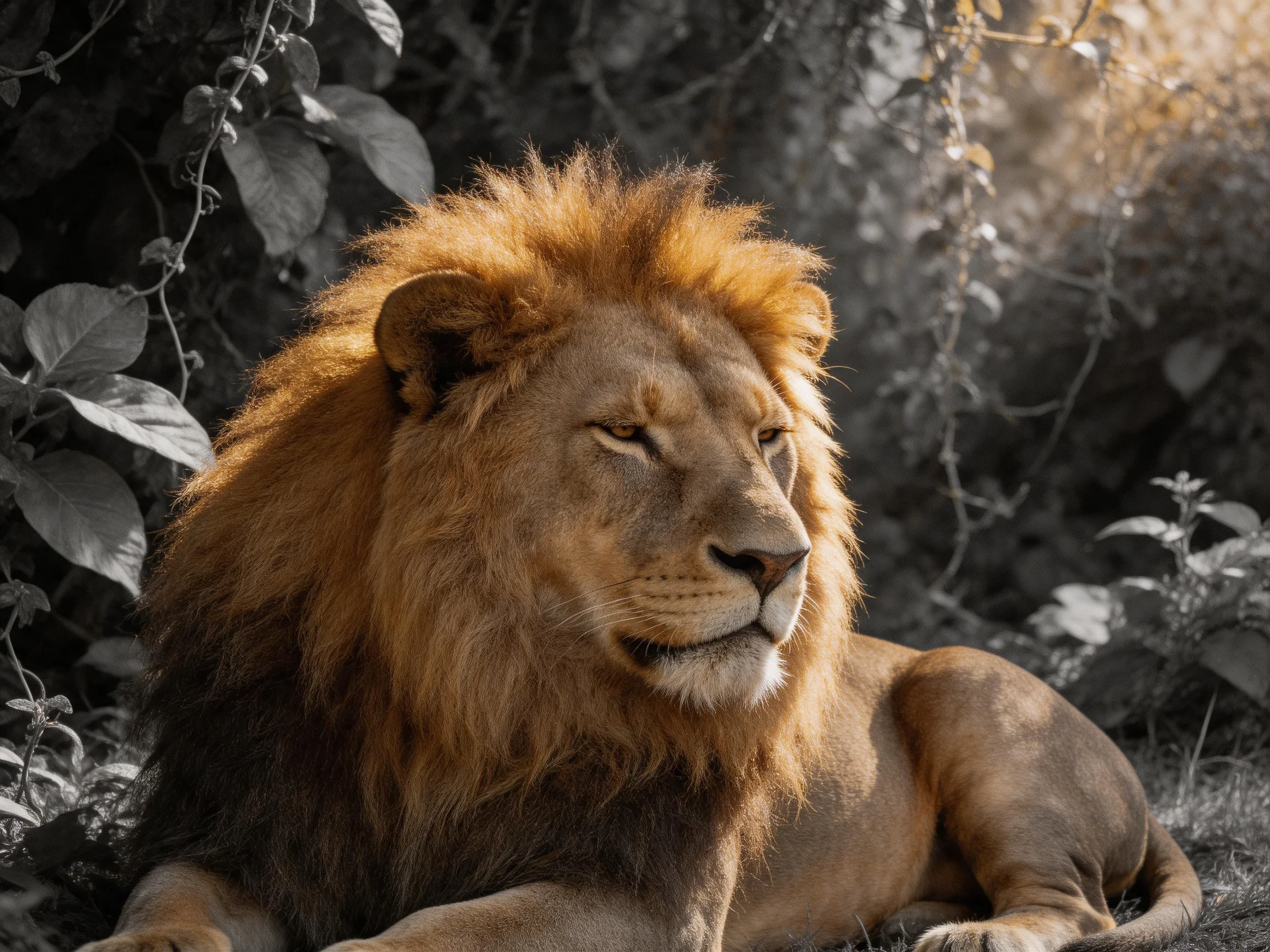 A lion with a golden mane rests calmly among dense vegetation.