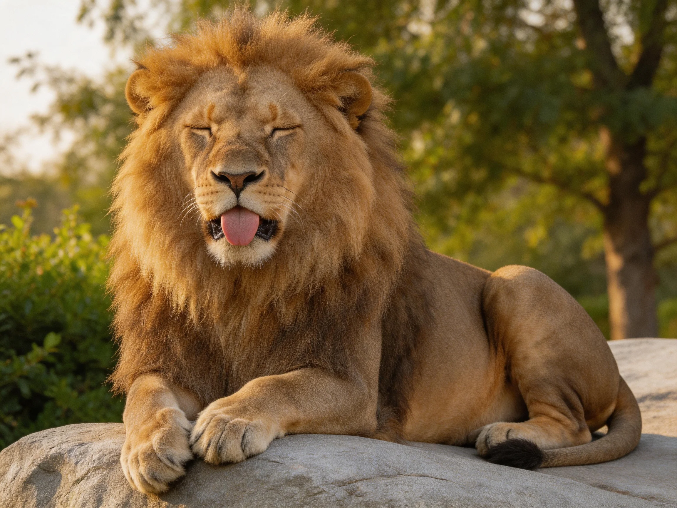 A lion relaxes on a rock in a sunlit, green environment