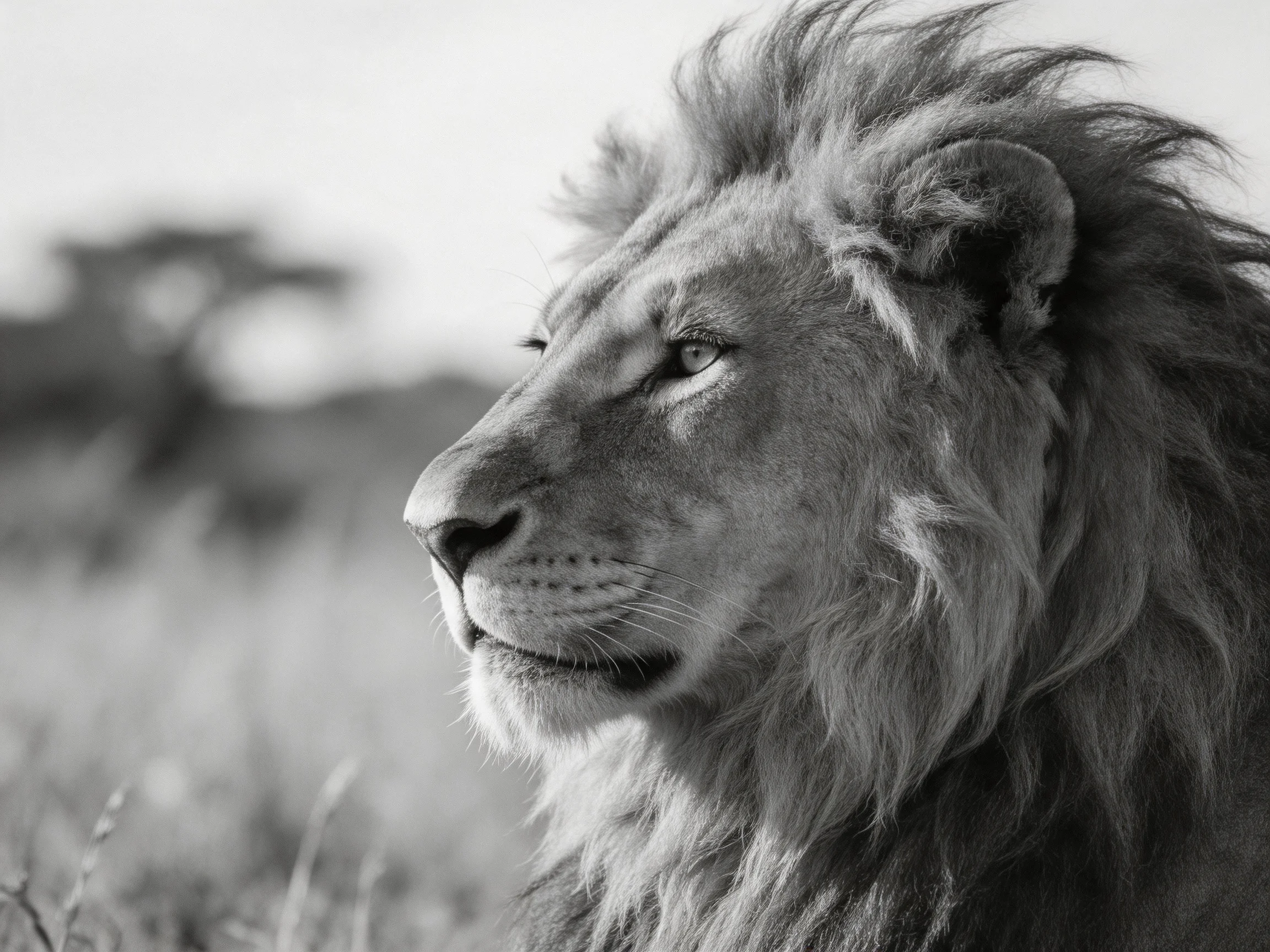 A close - up of a lion in a monochrome setting highlights its textured mane and calm demeanor.