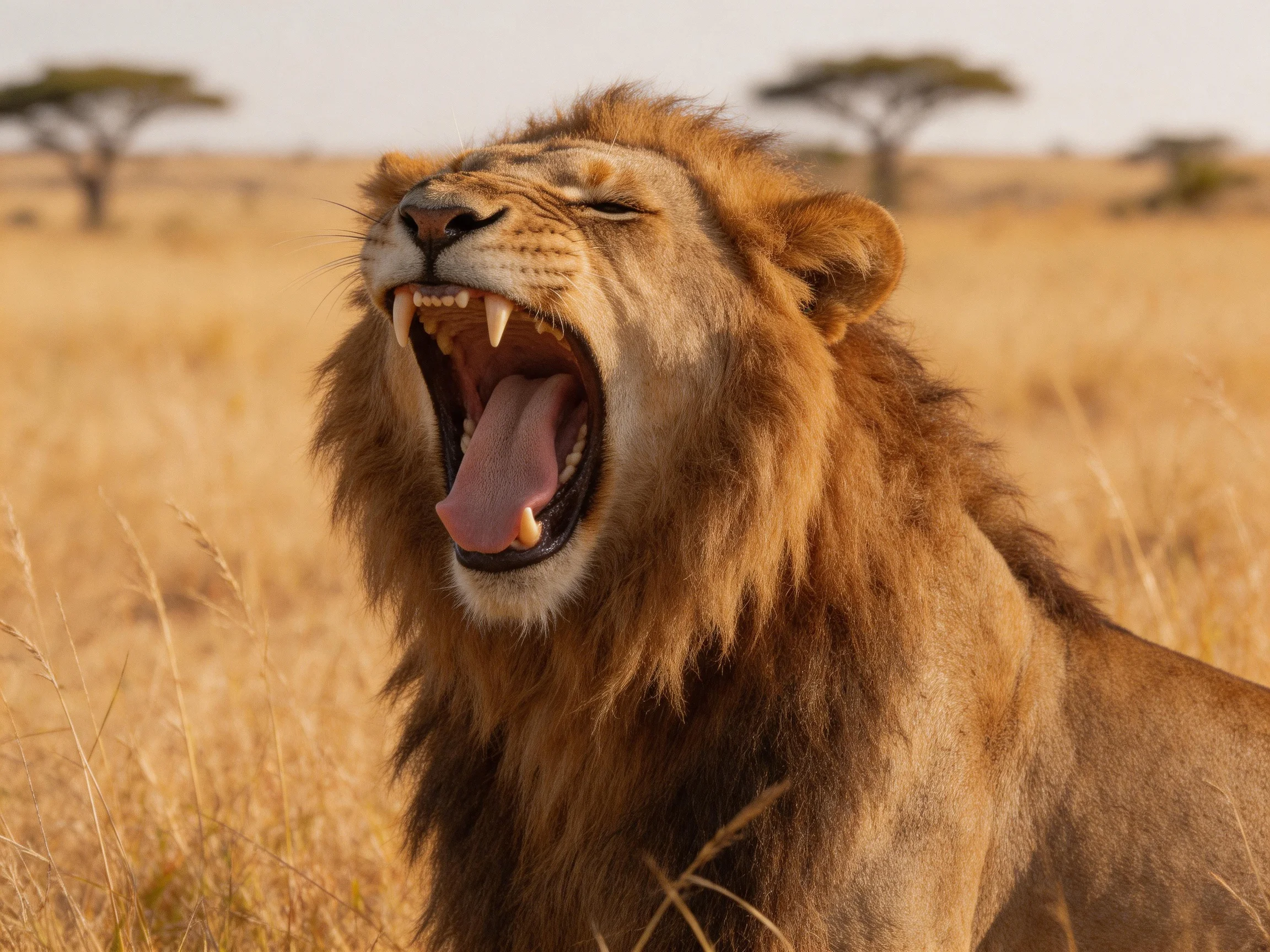 A lion yawns widely among golden savannah grasses.