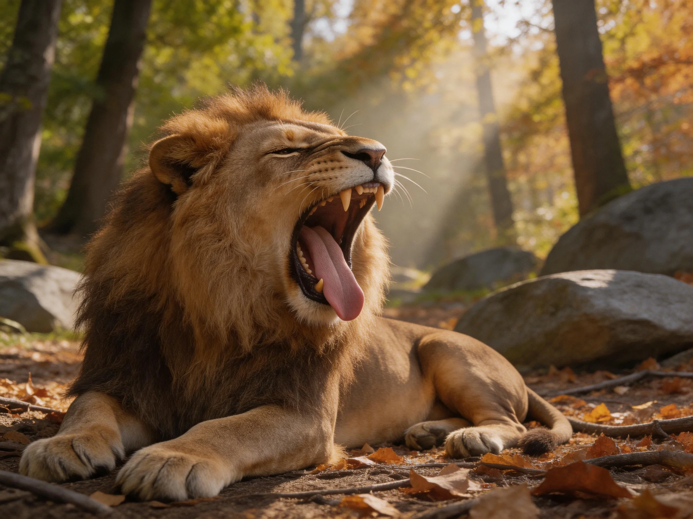 A majestic lion yawns amid autumn foliage with golden rays
