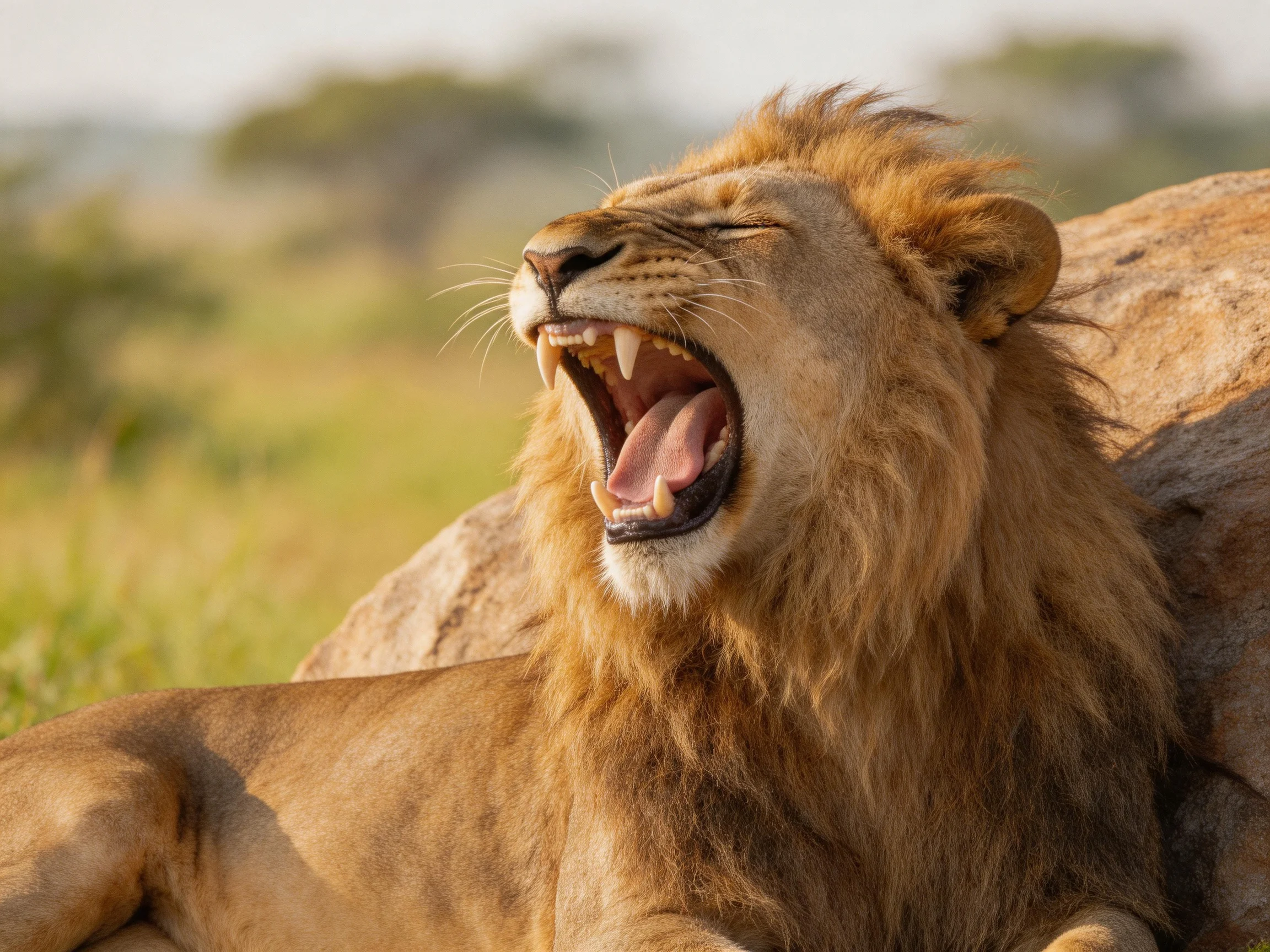 A majestic lion yawns near a large rock in a sunlit savannah