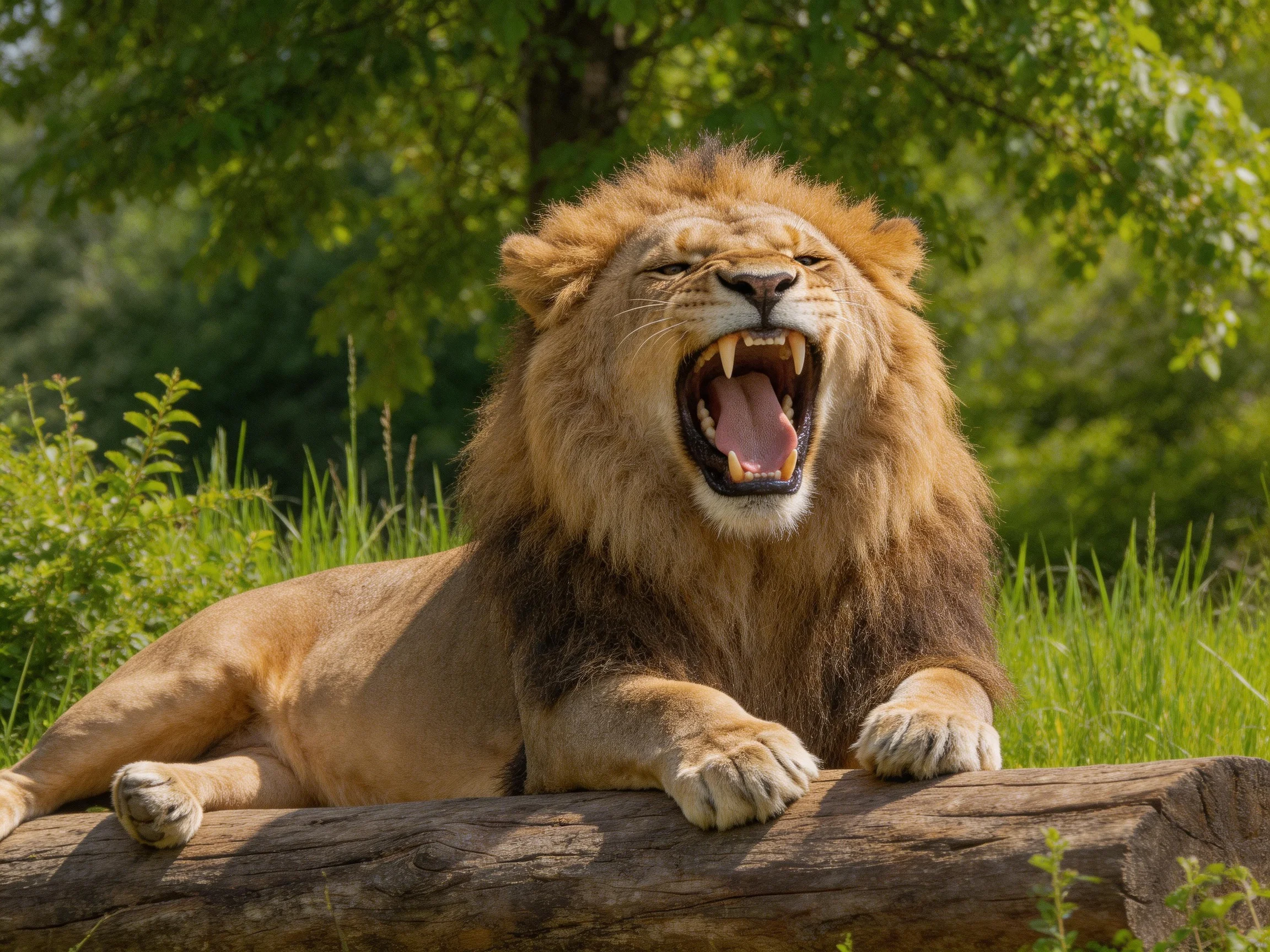 A lion rests on a log, yawning in a verdant outdoor setting.