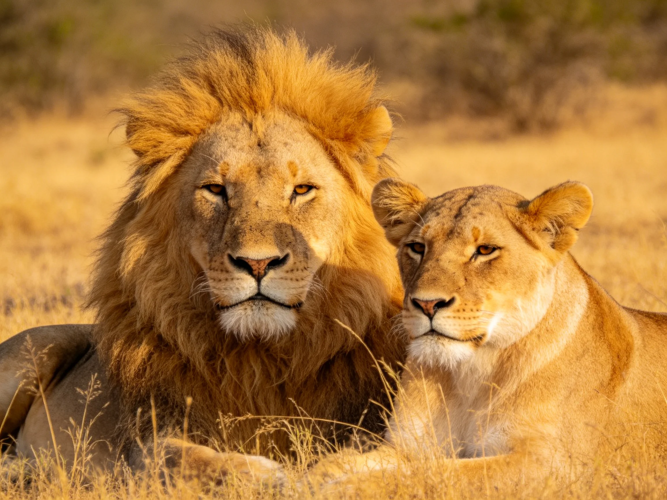 Two lions rest together in golden savannah terrain.