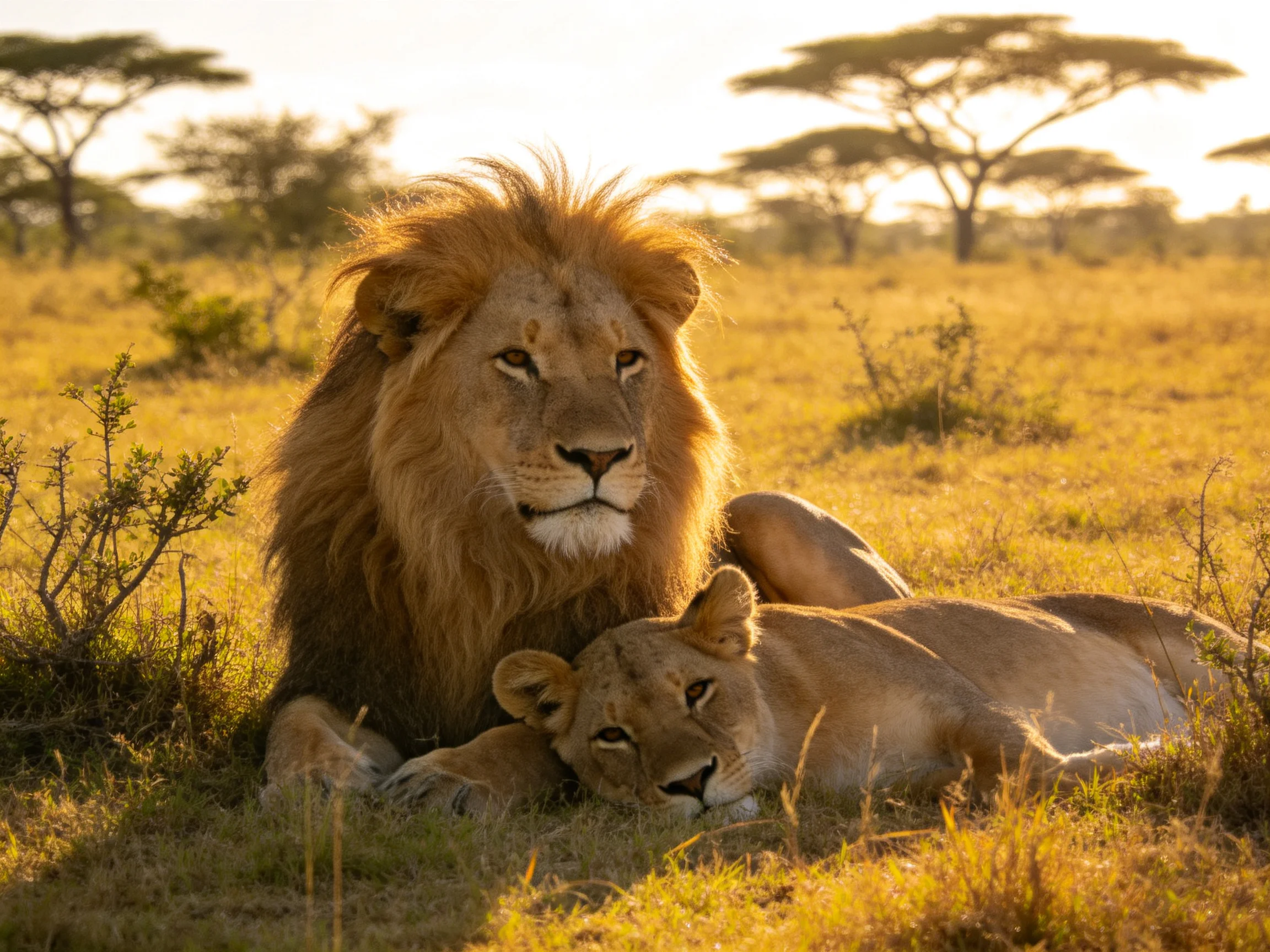 A male lion and lioness rest peacefully in the sunlit savannah.