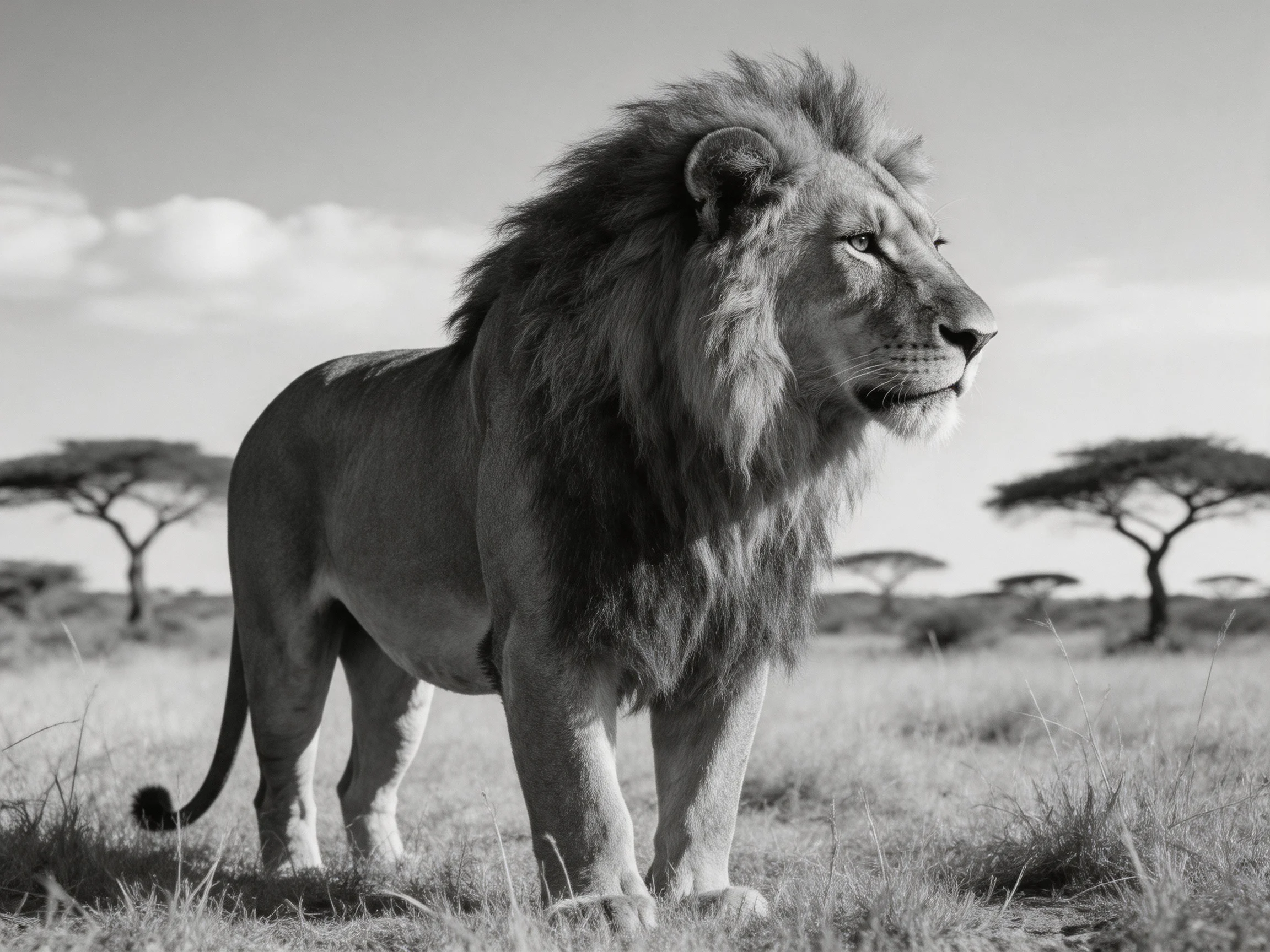 A majestic male lion in a vast savannah landscape