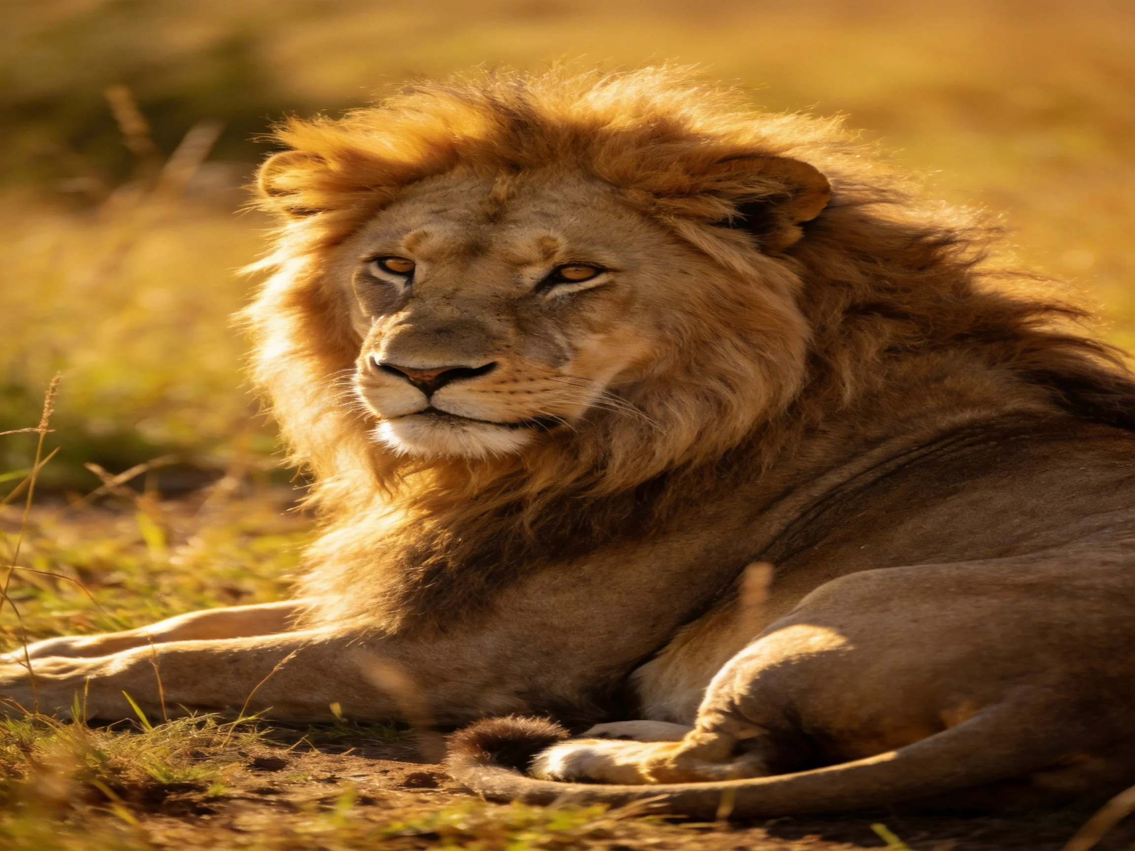 A majestic male lion rests peacefully amid sunlit savannah grasses.