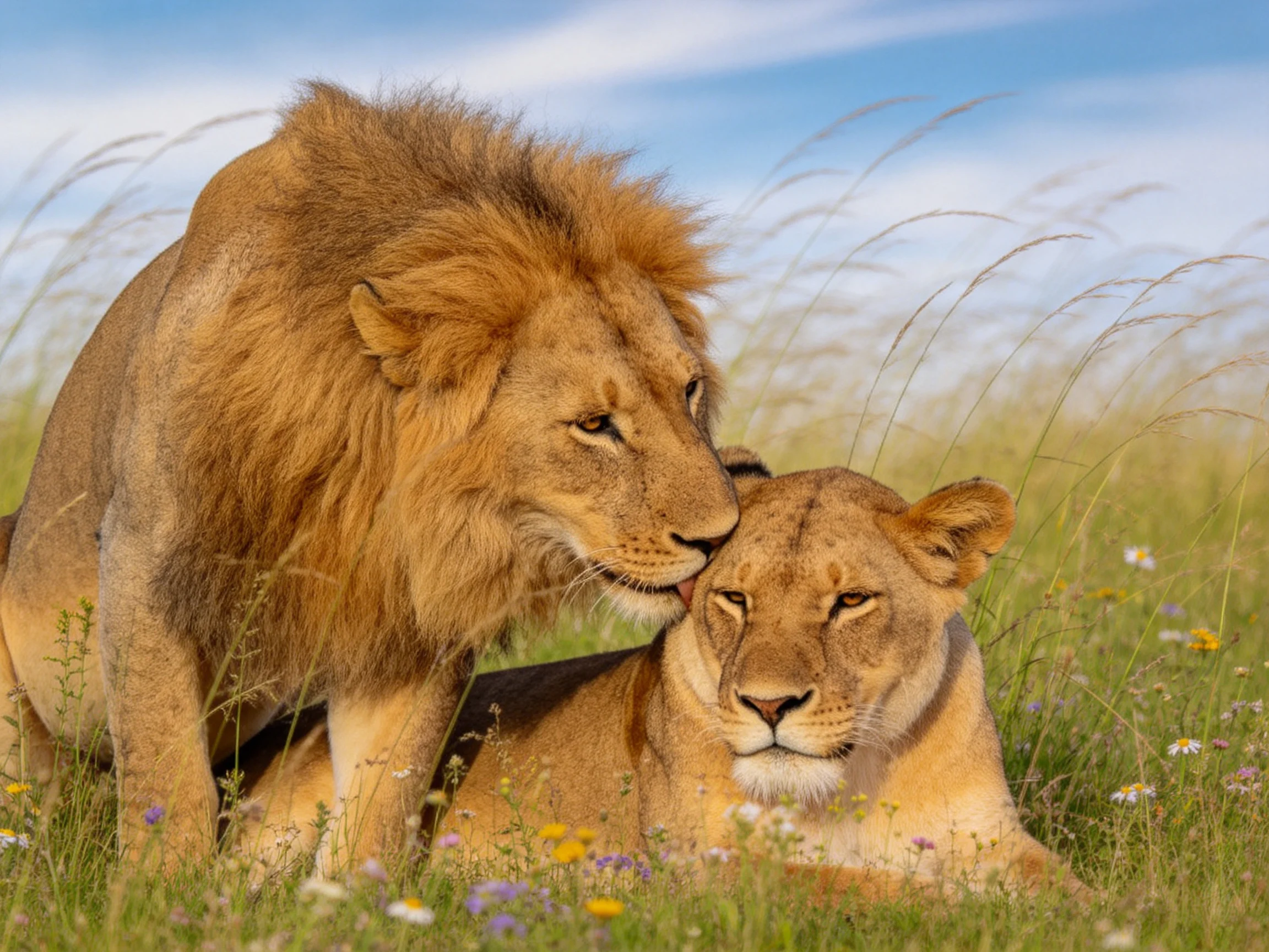 A male lion nuzzles a resting lioness in a grassy savannah.