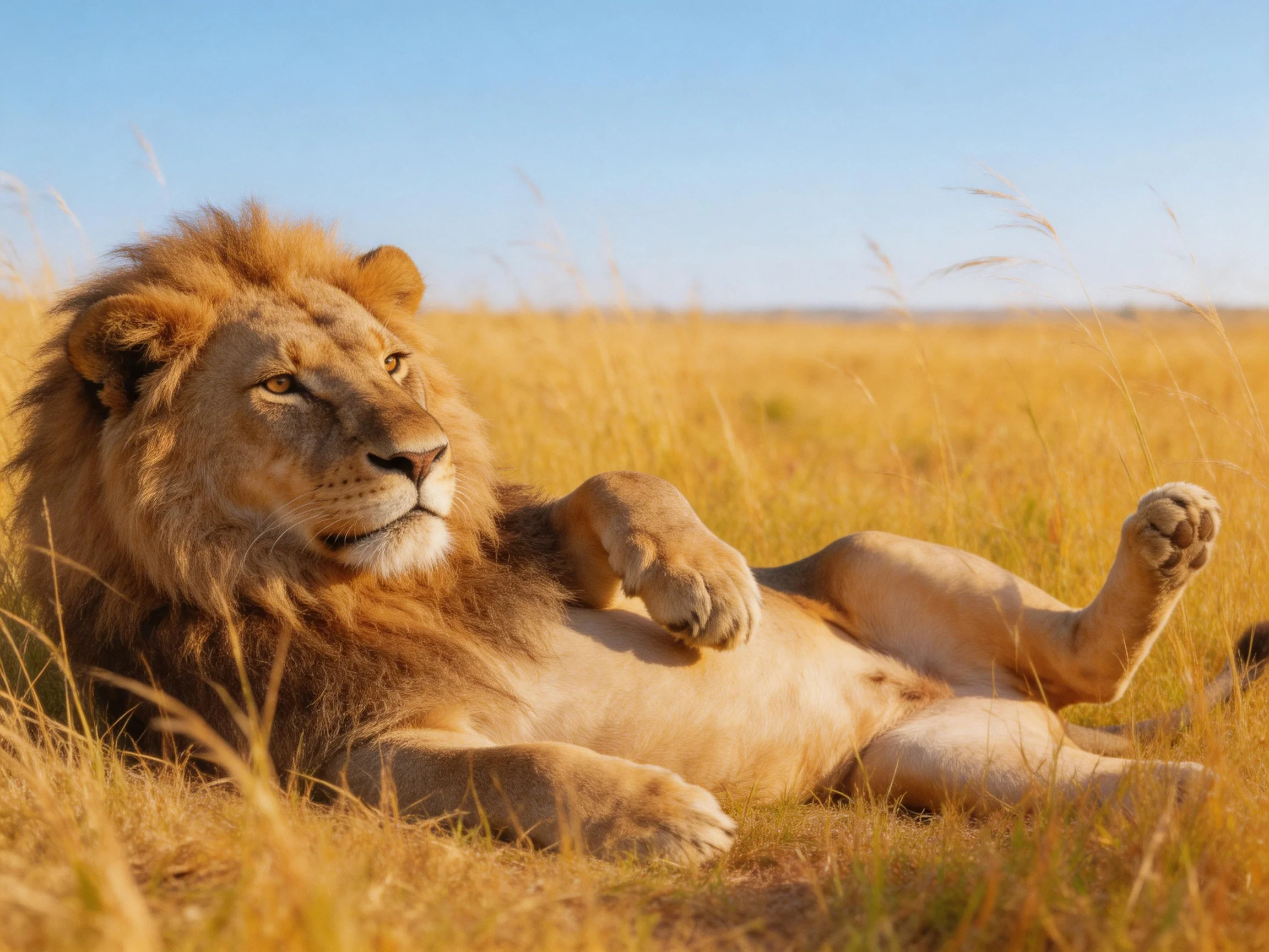 A male lion lies calmly amid tall golden grasses in a sunlit savannah environment.