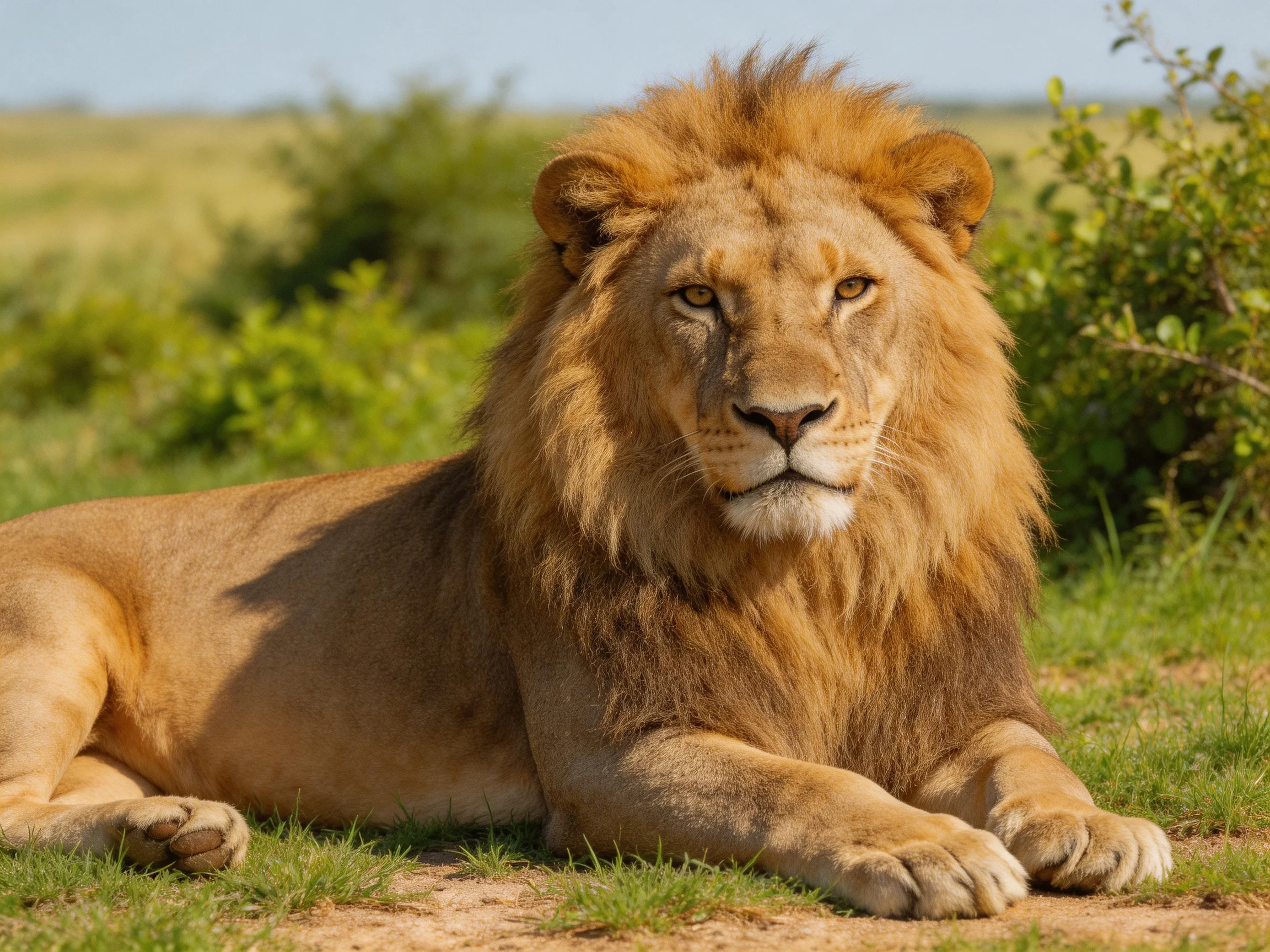 A majestic male lion rests amid greenery in a sunlit savannah.