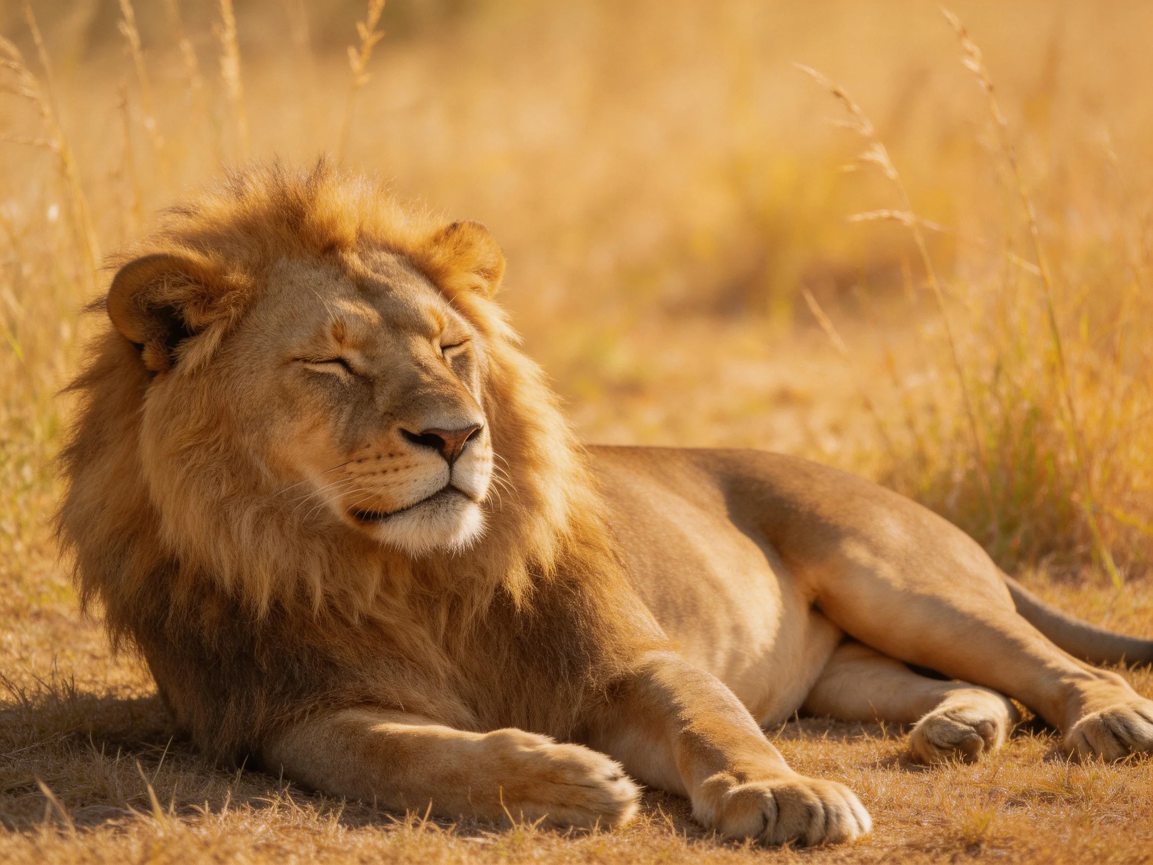 A male lion relaxes on golden savannah ground surrounded by tall grasses.