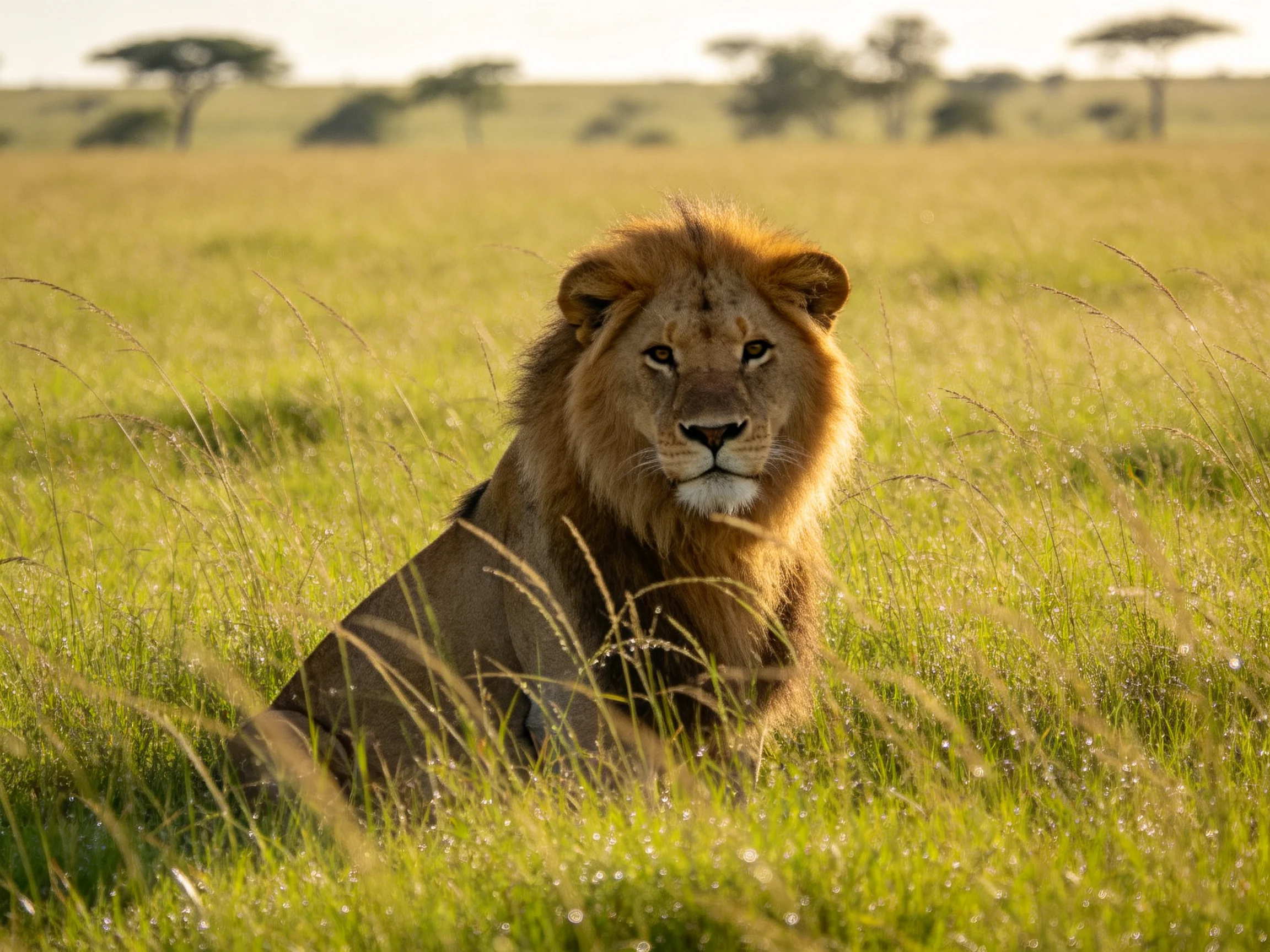A male lion sits calmly amid tall green grasses in an expansive savannah.