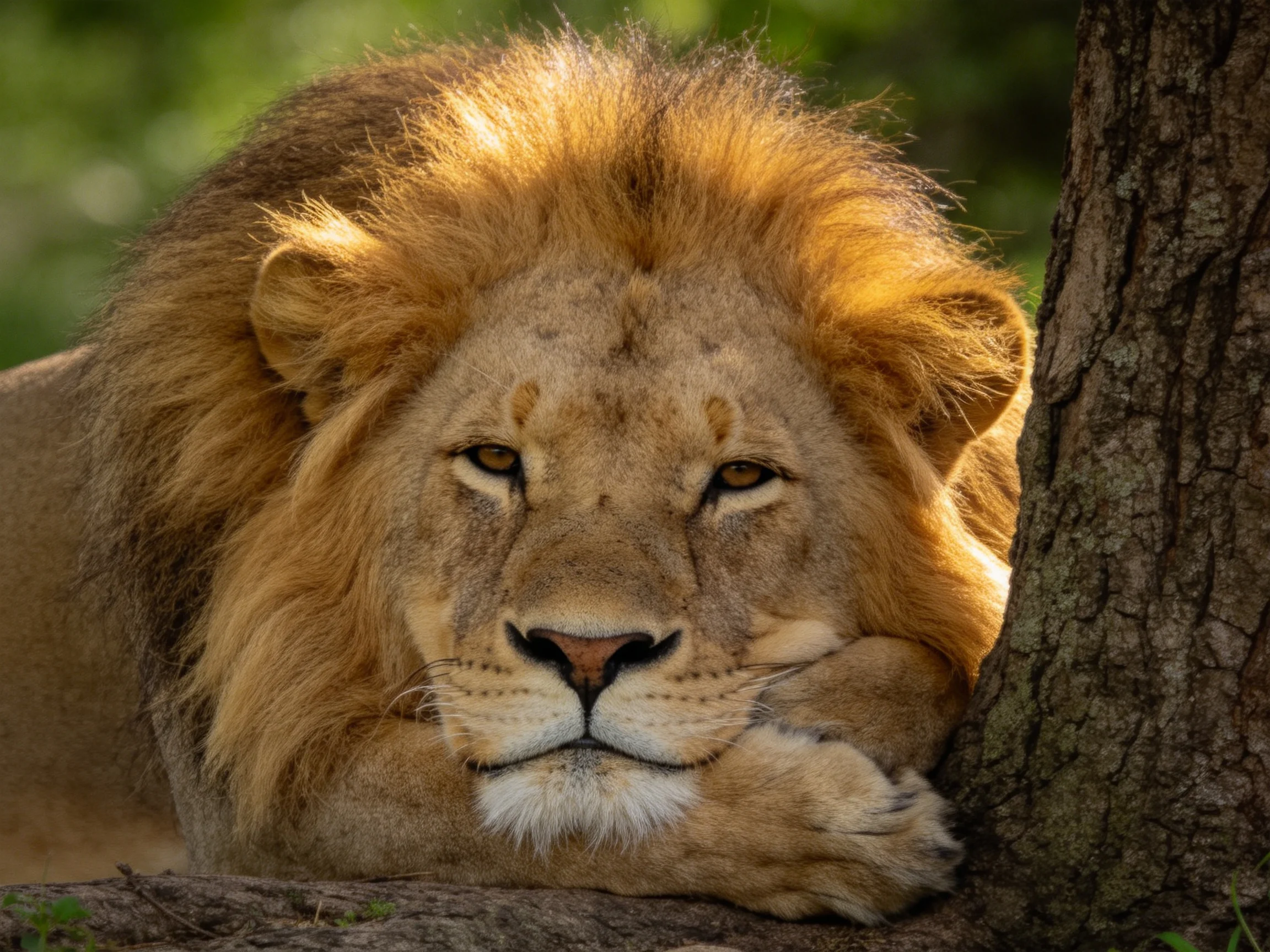 A majestic male lion rests peacefully next to a tree trunk.