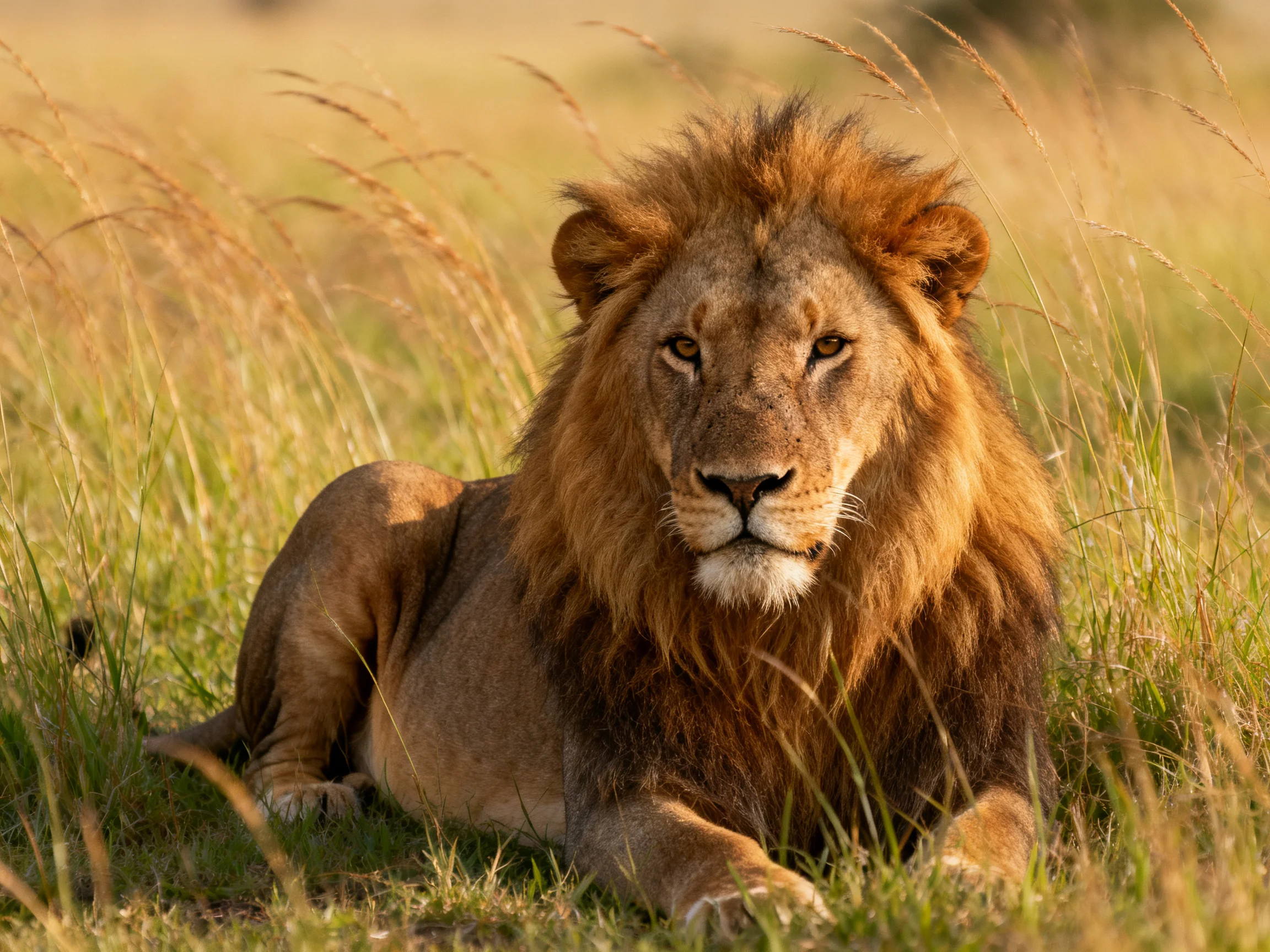 A male lion lies calmly in tall grass within a sunlit savannah.