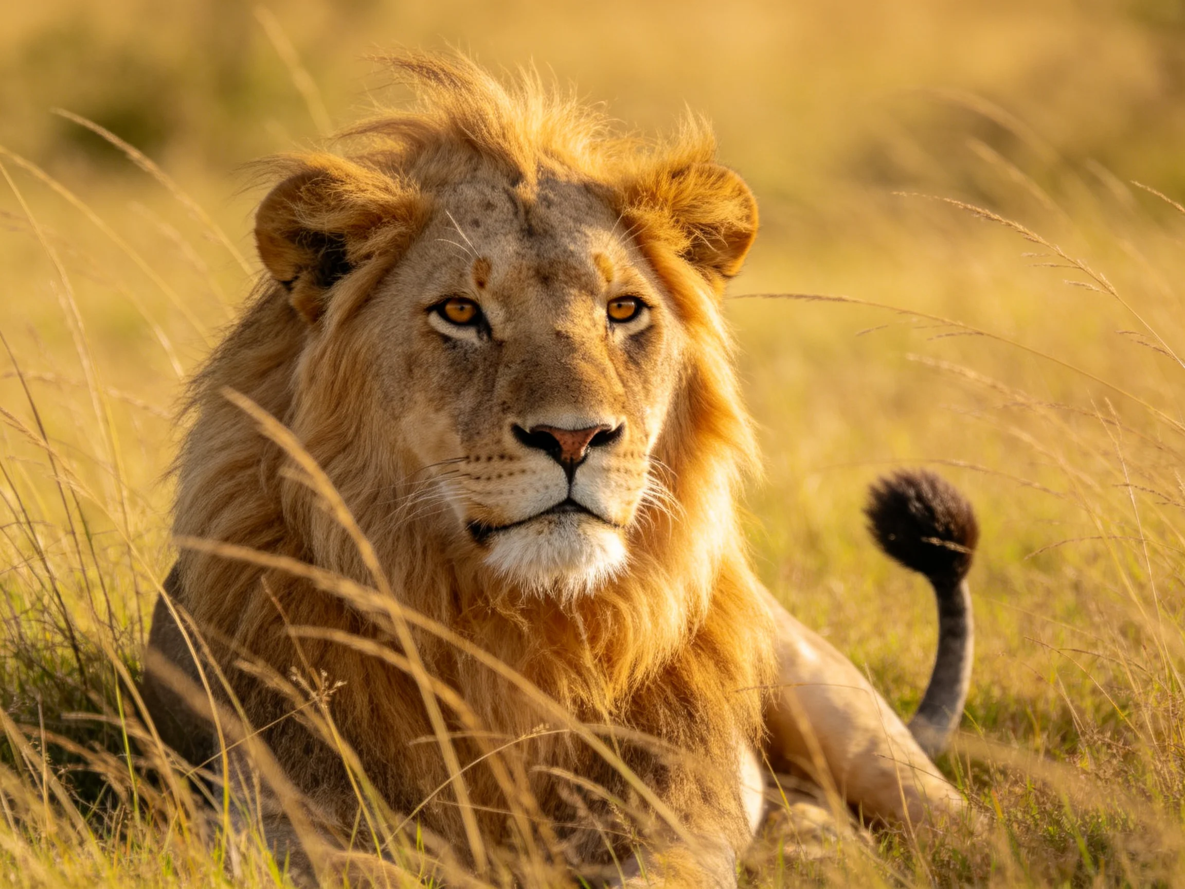 A majestic male lion sits calmly among golden savannah grasses.