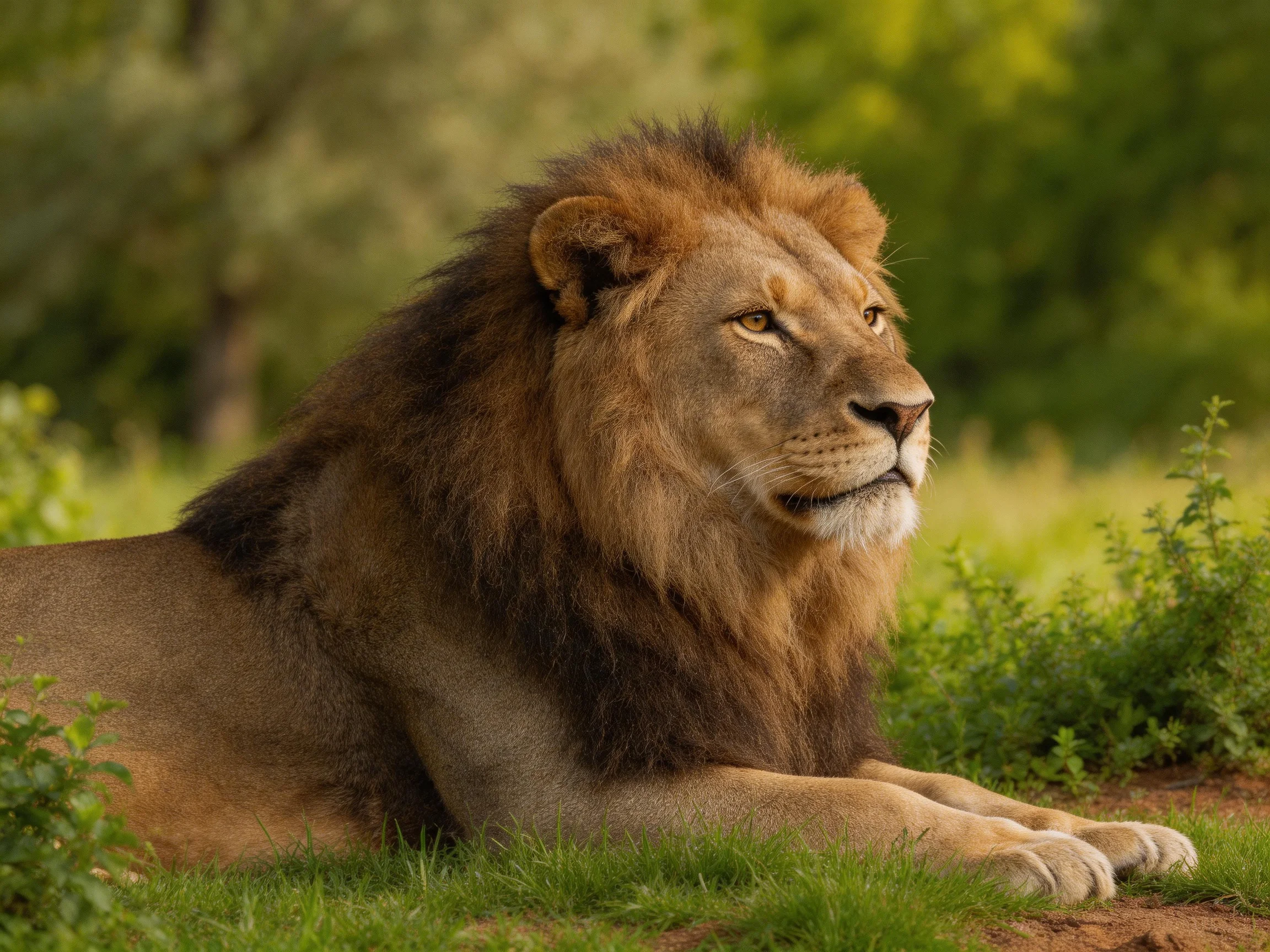 A majestic male lion rests calmly among greenery in a natural setting.