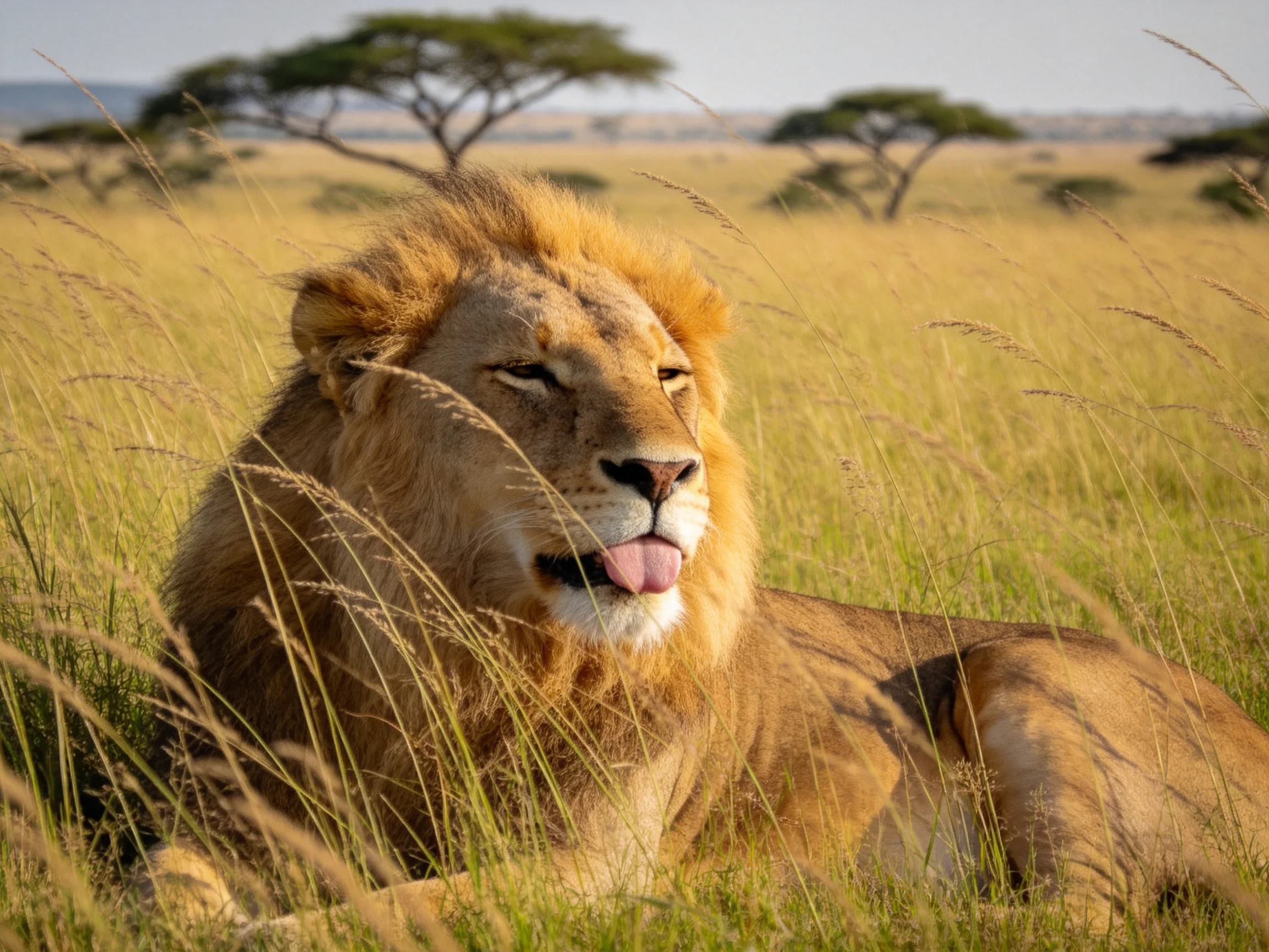 A male lion relaxes among tall grasses in a sunlit savannah landscape.
