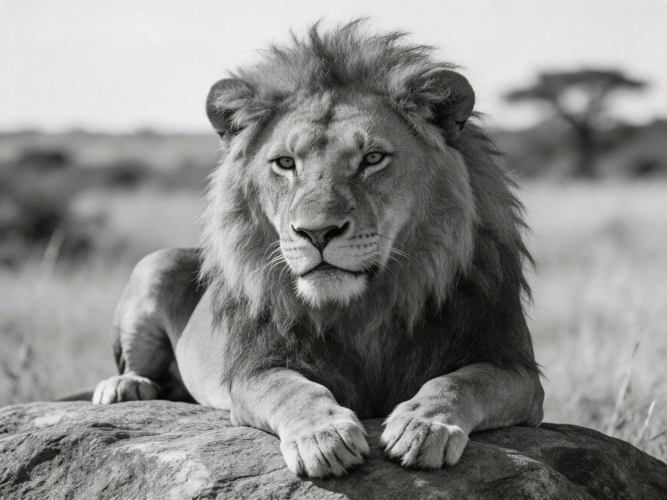 A majestic male lion rests on a rock in a savannah