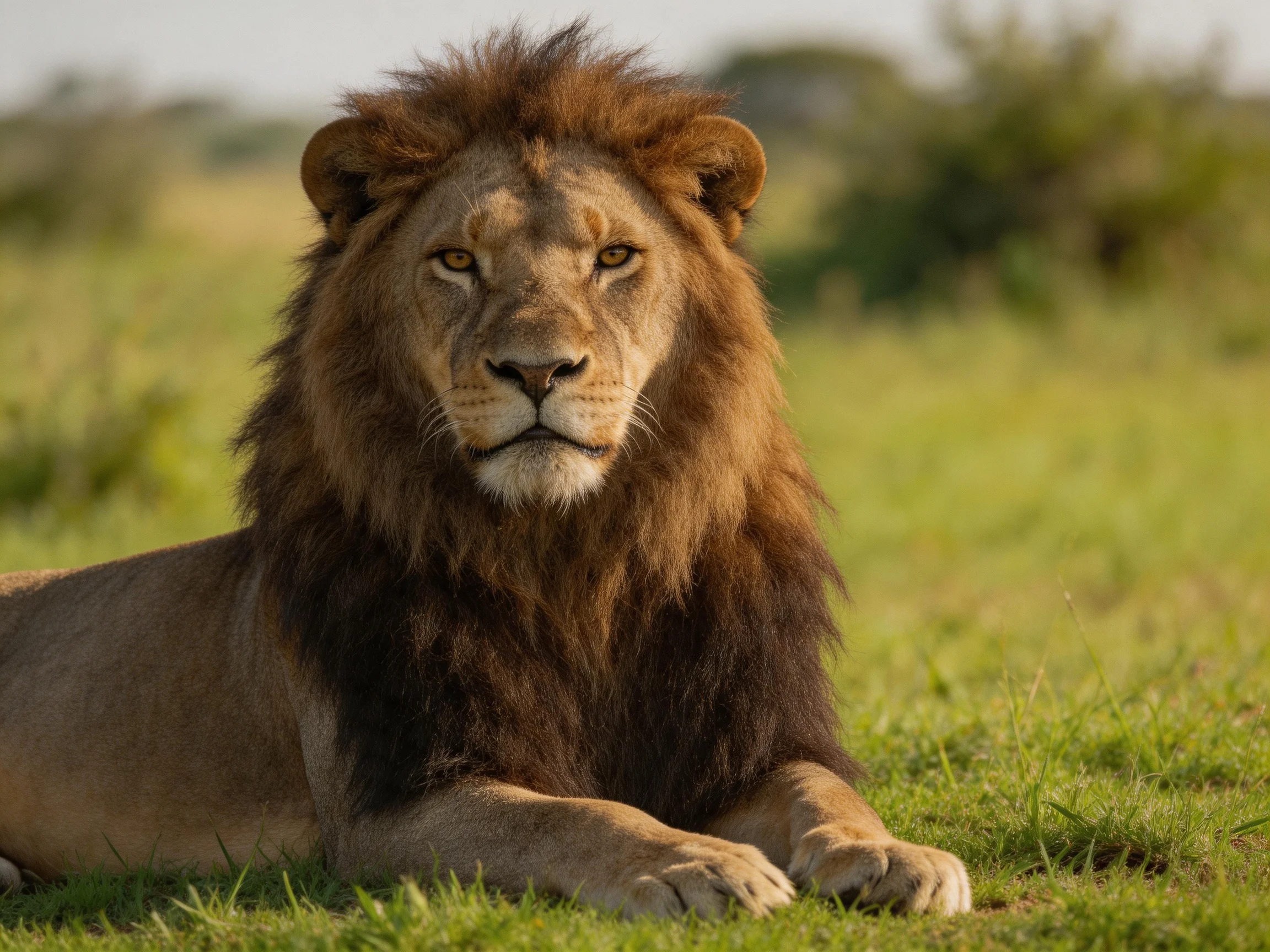 A majestic male lion lies calmly in a sunlit savannah.