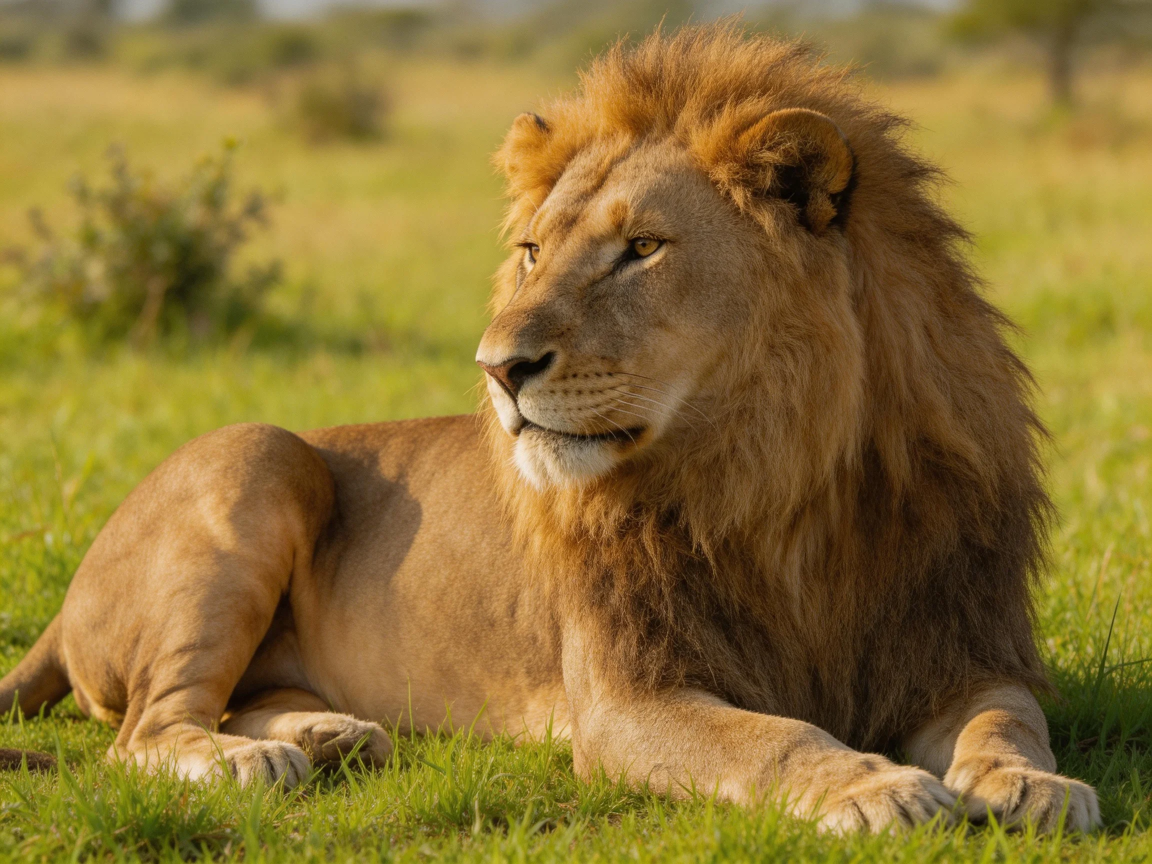 A majestic male lion lies calmly in a sunlit grassy savannah.