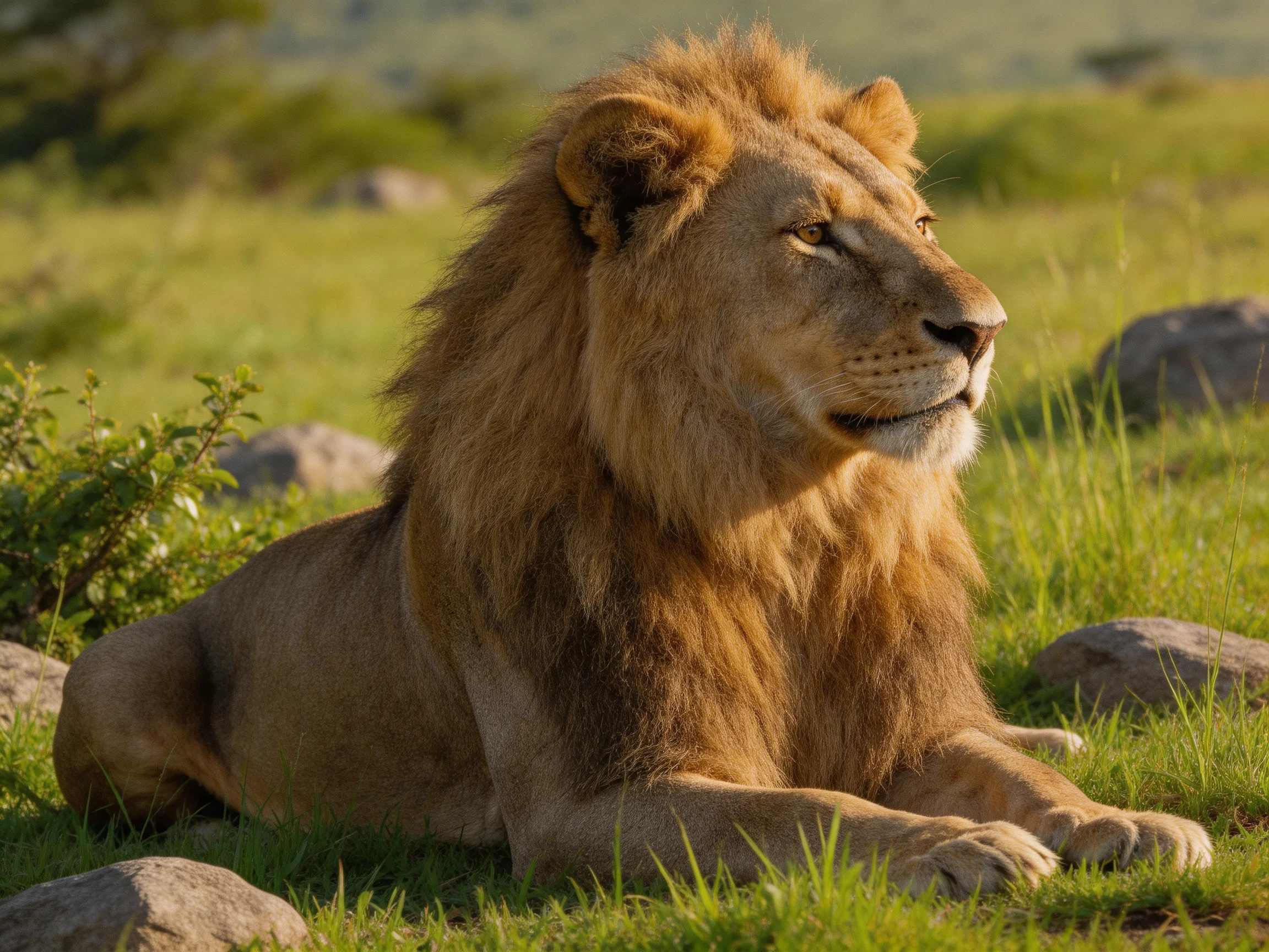 A majestic male lion rests amid rocks and grass in a sunlit savannah.