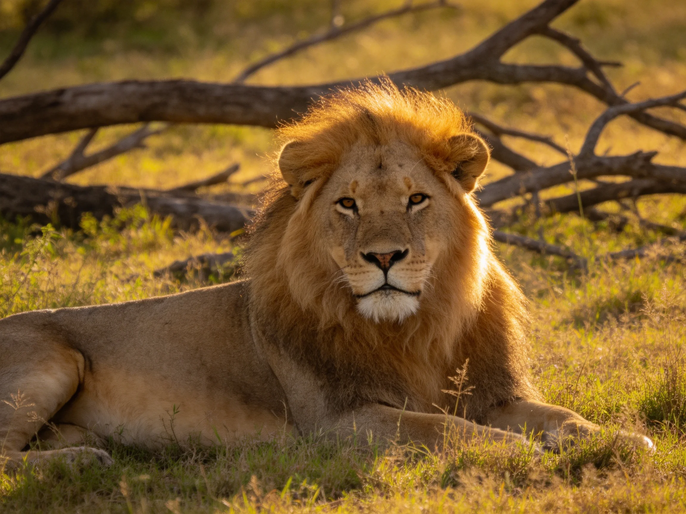 A majestic male lion rests calmly in the sunlit savannah.