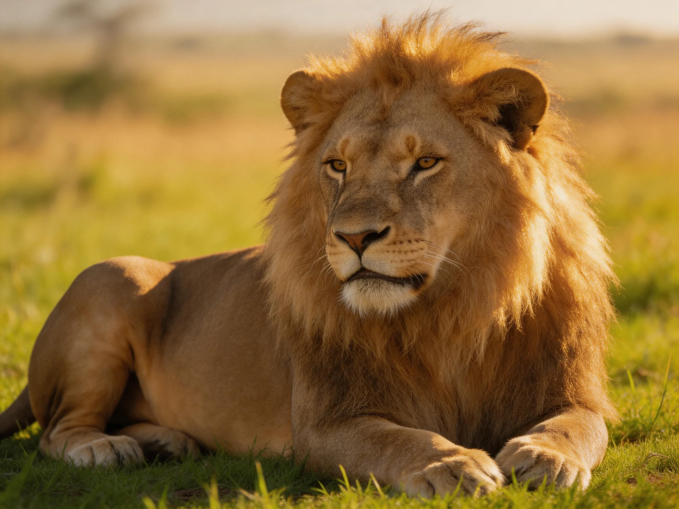 A majestic male lion lies calmly in sunlit savannah grass.