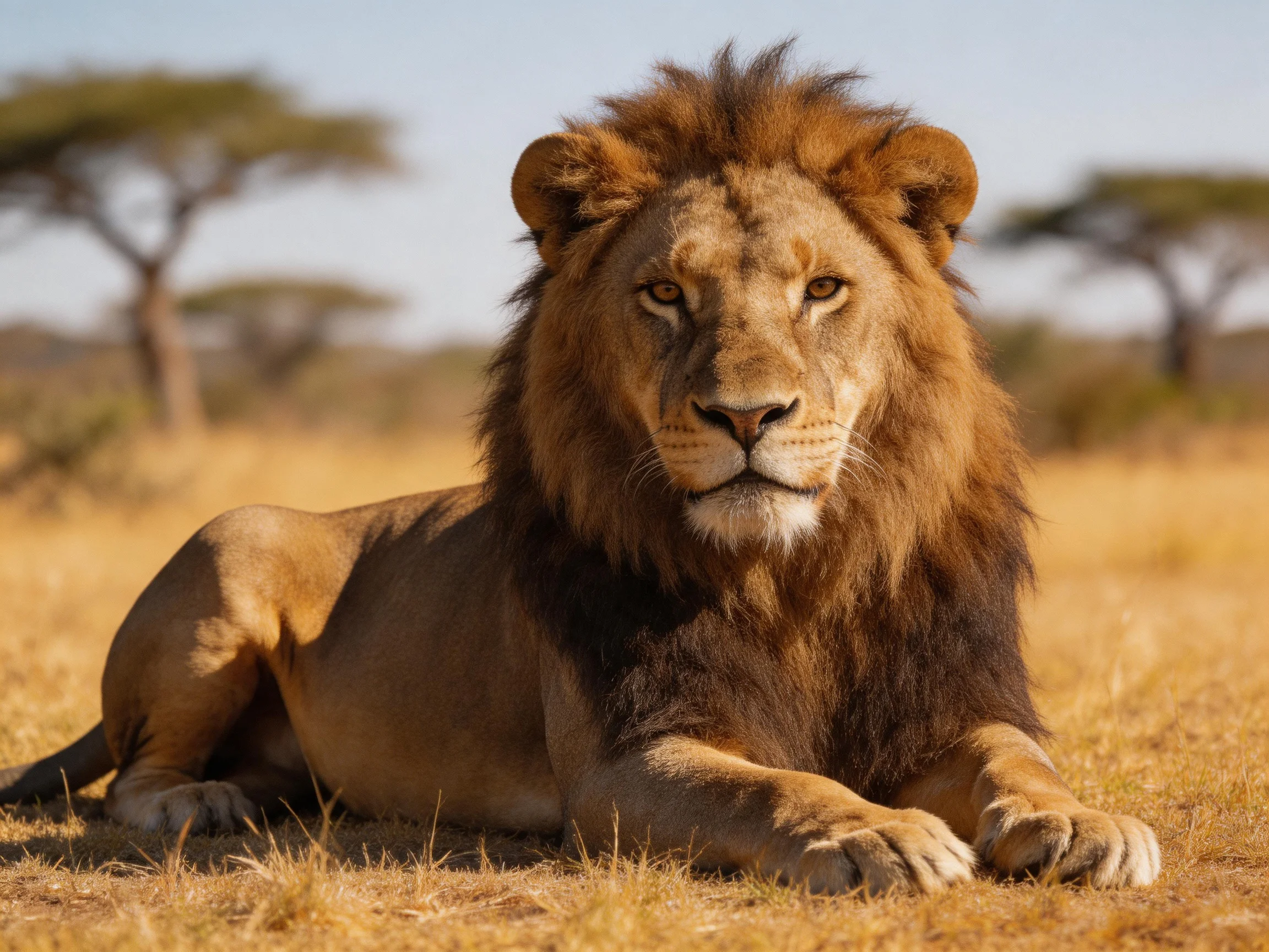 A majestic male lion relaxes in golden savannah grass.